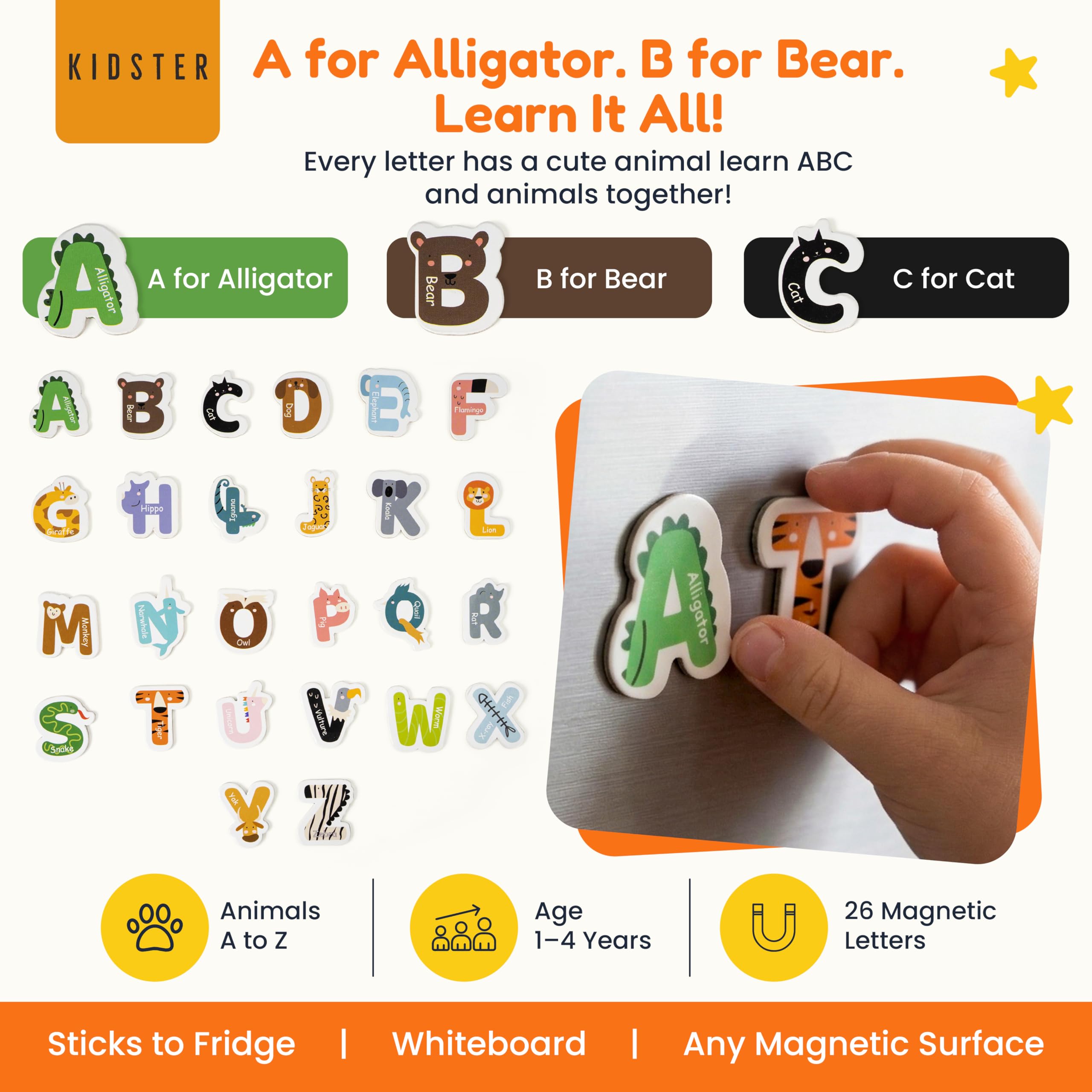 Kidster Magnetic Animal Alphabet Letters – 26 Pcs ABC Fridge Magnets for Kids 1–4 Years | Montessori Educational Learning Toy | Colorful Uppercase Alphabet Spelling Game for Toddlers