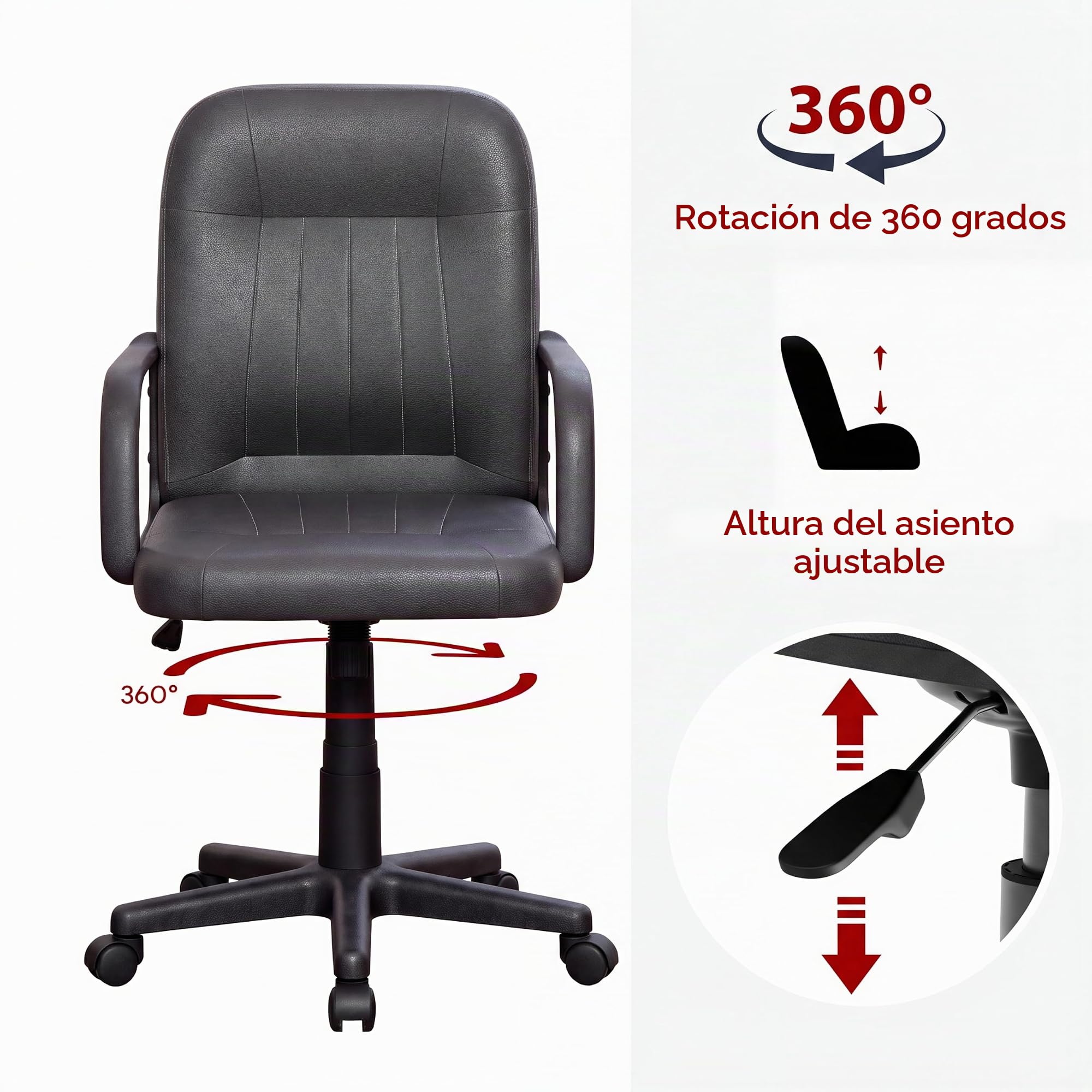 Vida Designs Morton - Silla de Oficina ejecutiva de Cuero de Altura Ajustable con Brazos y Ruedas para Trabajo en casa y Estudio (Negro)