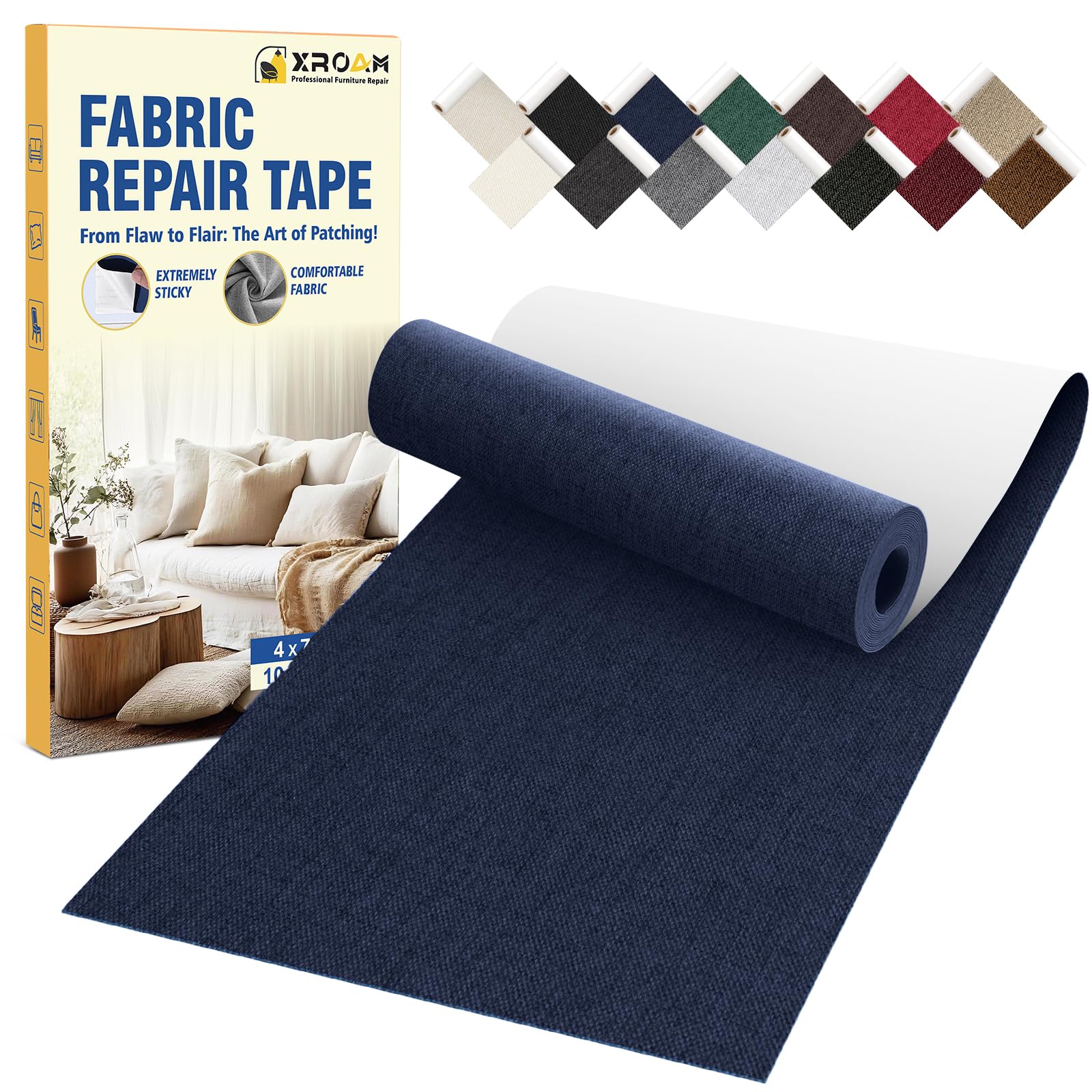 XROAM Flicken Selbstklebend Stoff, Stoff Reparatur Selbstklebend Patches | 10x200 cm Marineblau, Erhältlich in 10 Farben, Leinen Stoffflicken Selbstklebend Reparaturset für Autositz, Sofa, Bürostühle