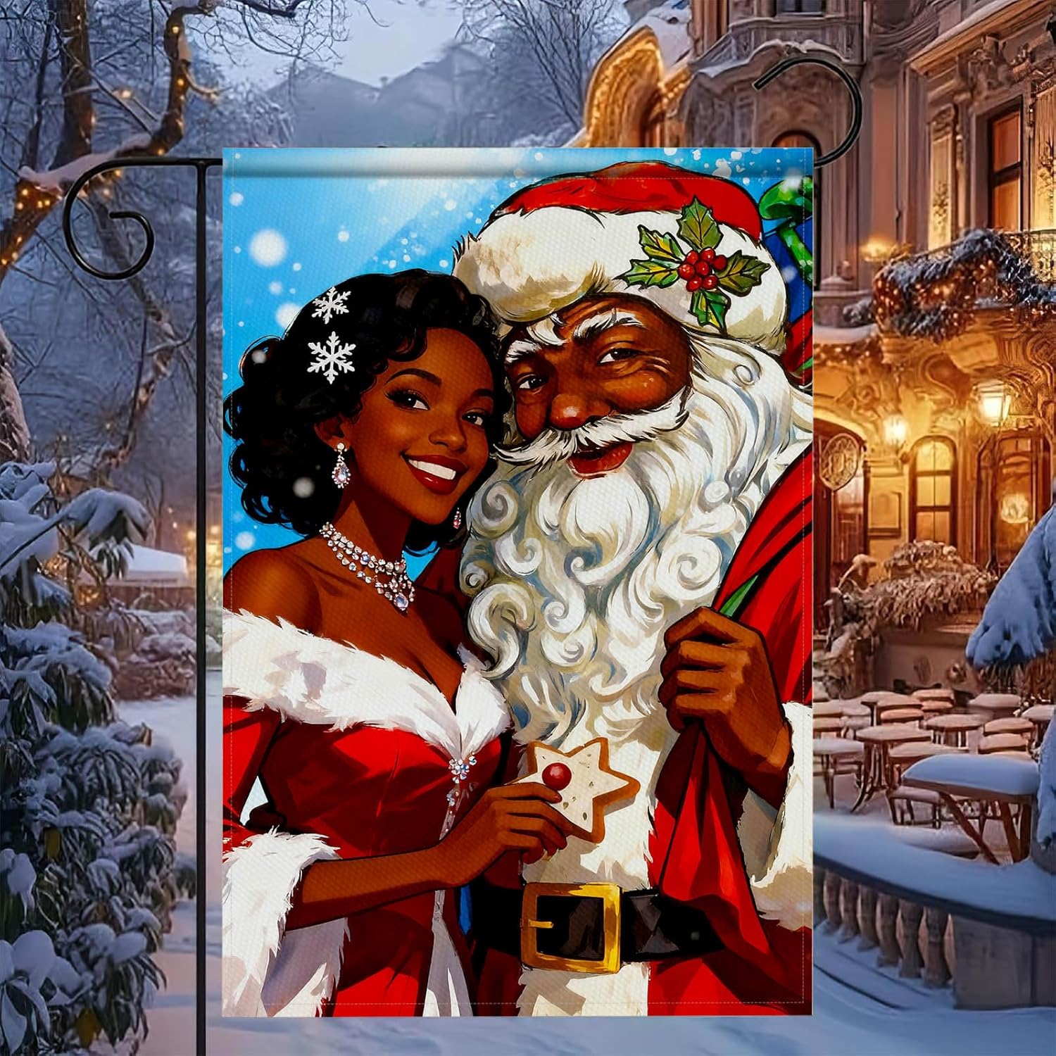 HOMETITUTE Merry Christmas African American Black Santa Garden Flag 12x18 Inch Double Sided Santa and Mrs Claus Couple with Cookie Blue Snowflake Flags Holiday Outdoor Winter Yard Decor - Image 3
