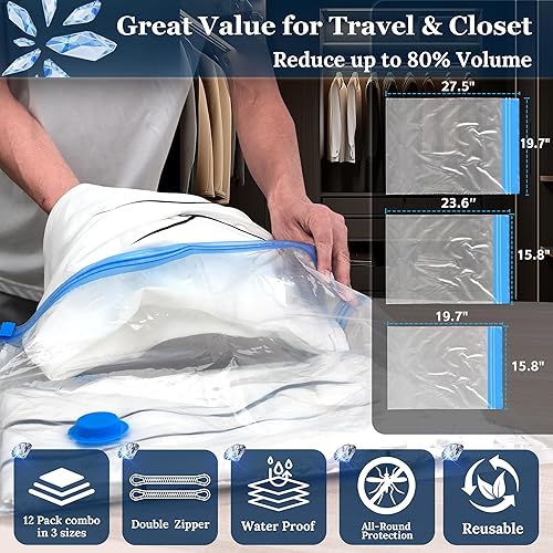 Miniatura 3 de Bolsas de sellado al vacío para viajes de ropa, bolsas de almacenamiento al vacío ahorradoras de espacio con bomba de aire inalámbrica (9 bolsas