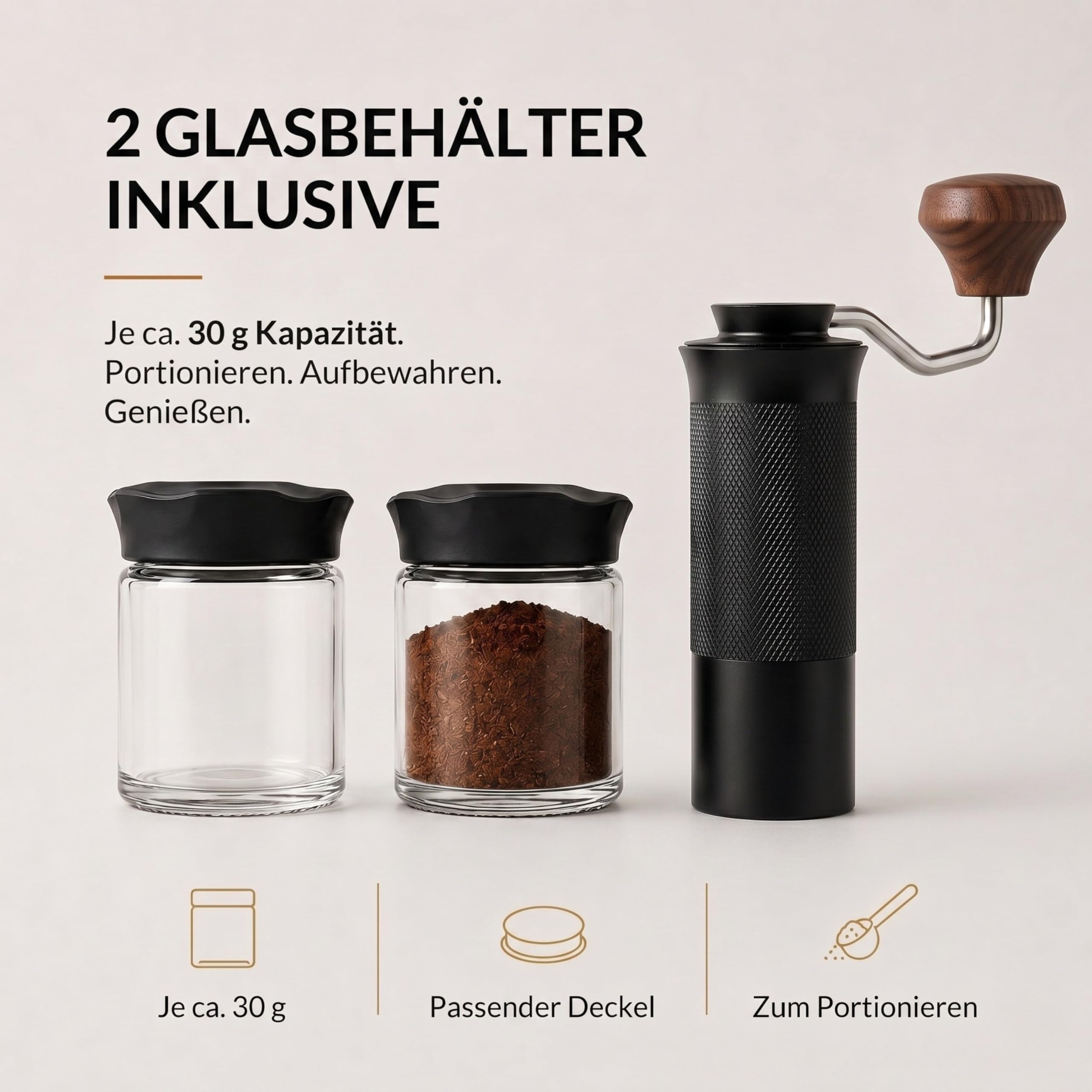 Thiru Handkaffeemühle manuell, Testsieger 2026*, Edelstahl-Kegelmahlwerk mit 60 Mahlgraden & Doppellager – Espresso mit Crema, Filterkaffee & French Press, Holzgriff & 2 Glasbehälter (Walnussgriff)