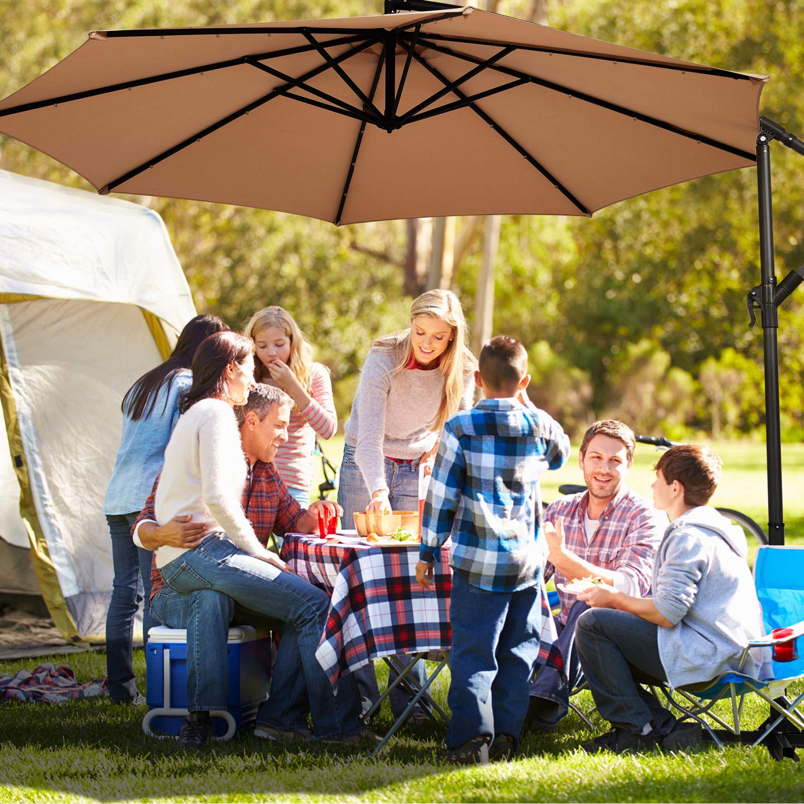 Casart 10FT Patio Umbrella Solar 24 LEDS Lighted W/Cross Base for Garden, Lawn and Yard Sun Shade Market Umbrella (Tan)