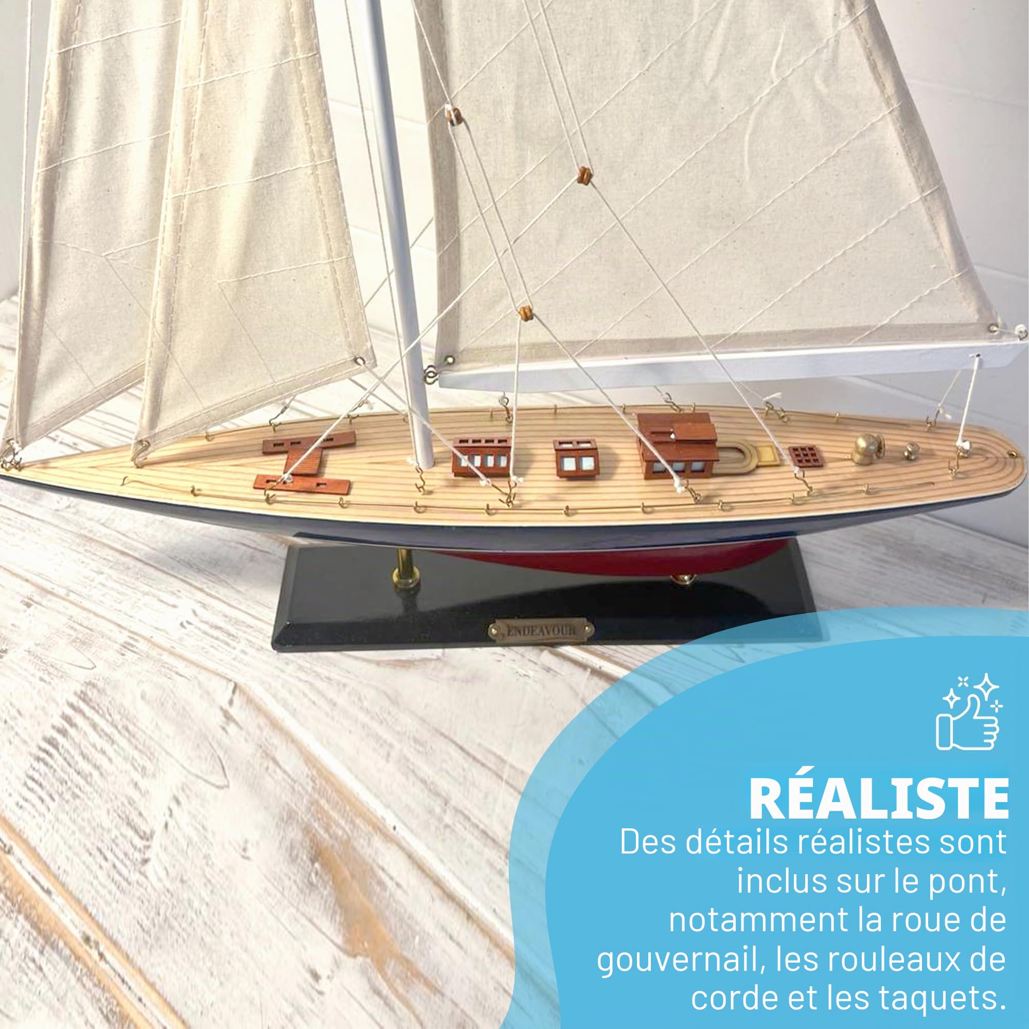 Modèle en bois détaillé de yacht à voile Endeavour Classe J de 50 cm de long | Yacht de course Americas Cup | Ornement nautique | Modèle de voilier | Modèle de yacht à voile Endeavour | Kit de bateau