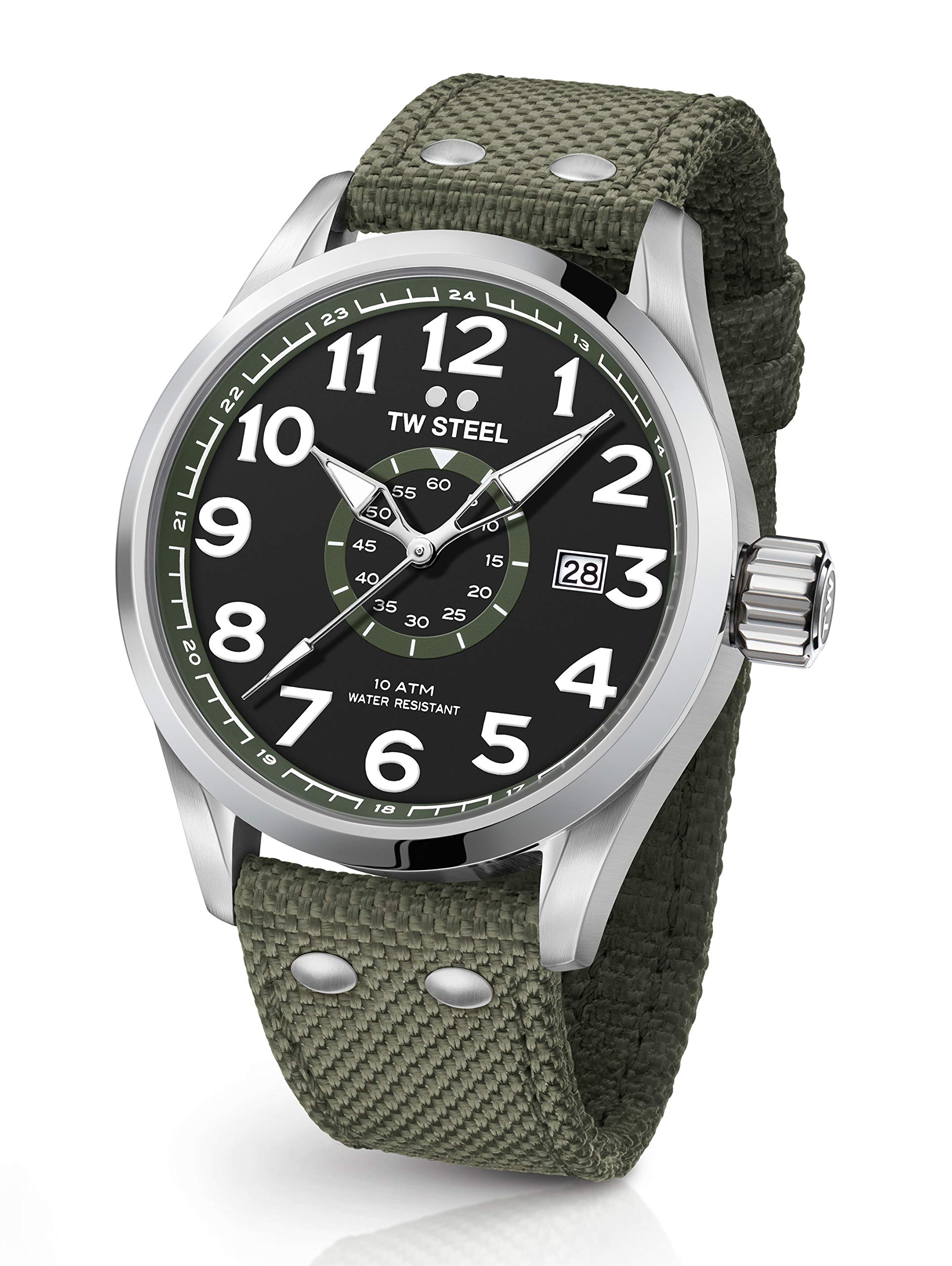 TW Steel Volante Mens 48mm Quartz Watch with Army Green Textile Strap Analogue 48 mm