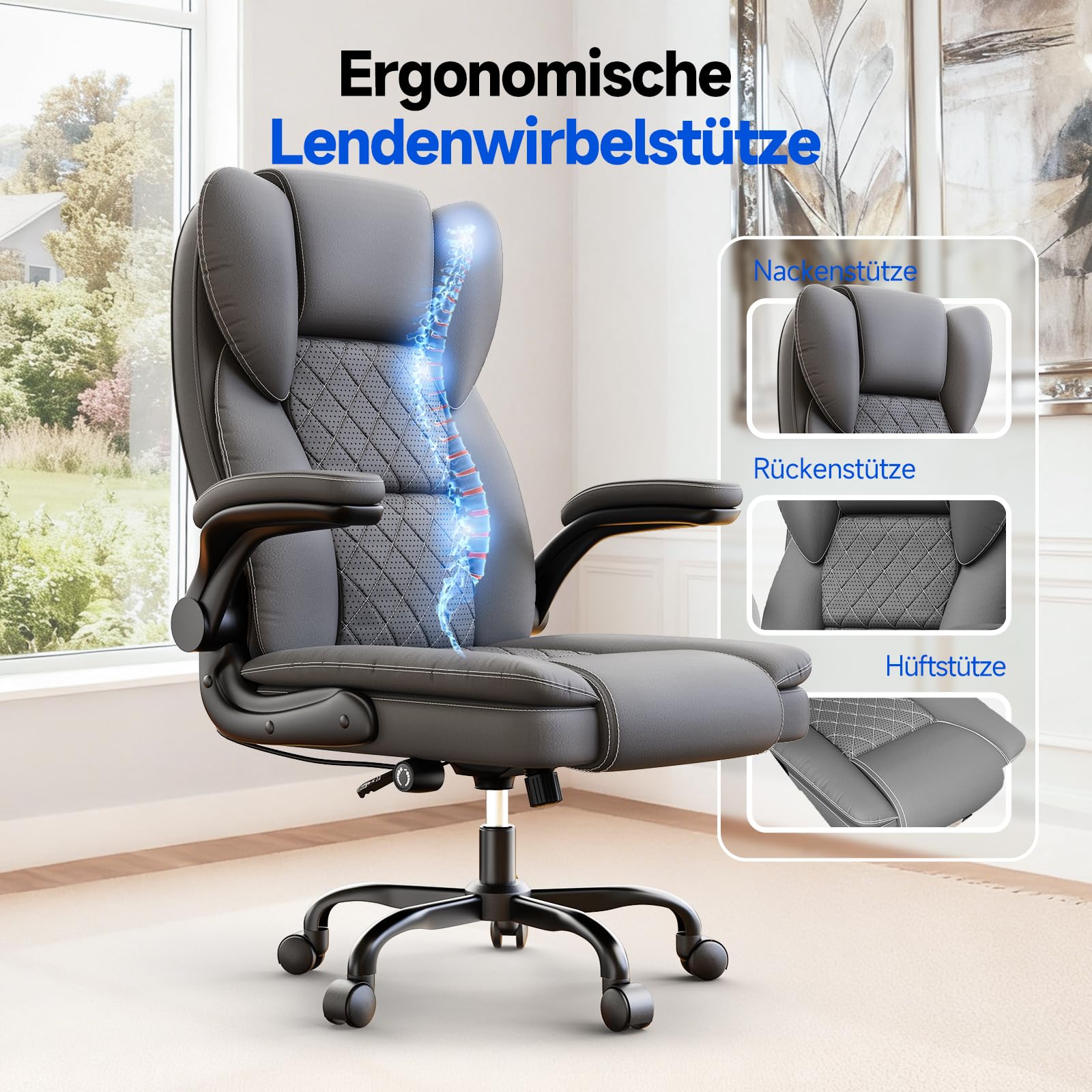 rattantree Bürostuhl, Großer Ergonomischer Bürostuhl mit Verstellbarer Lendenwirbelstütze, PU Leder Chefsessel, Drehstuhl mit Hochklappbaren Armlehnen, Liegestuhl für Büro und Zuhause, Grau
