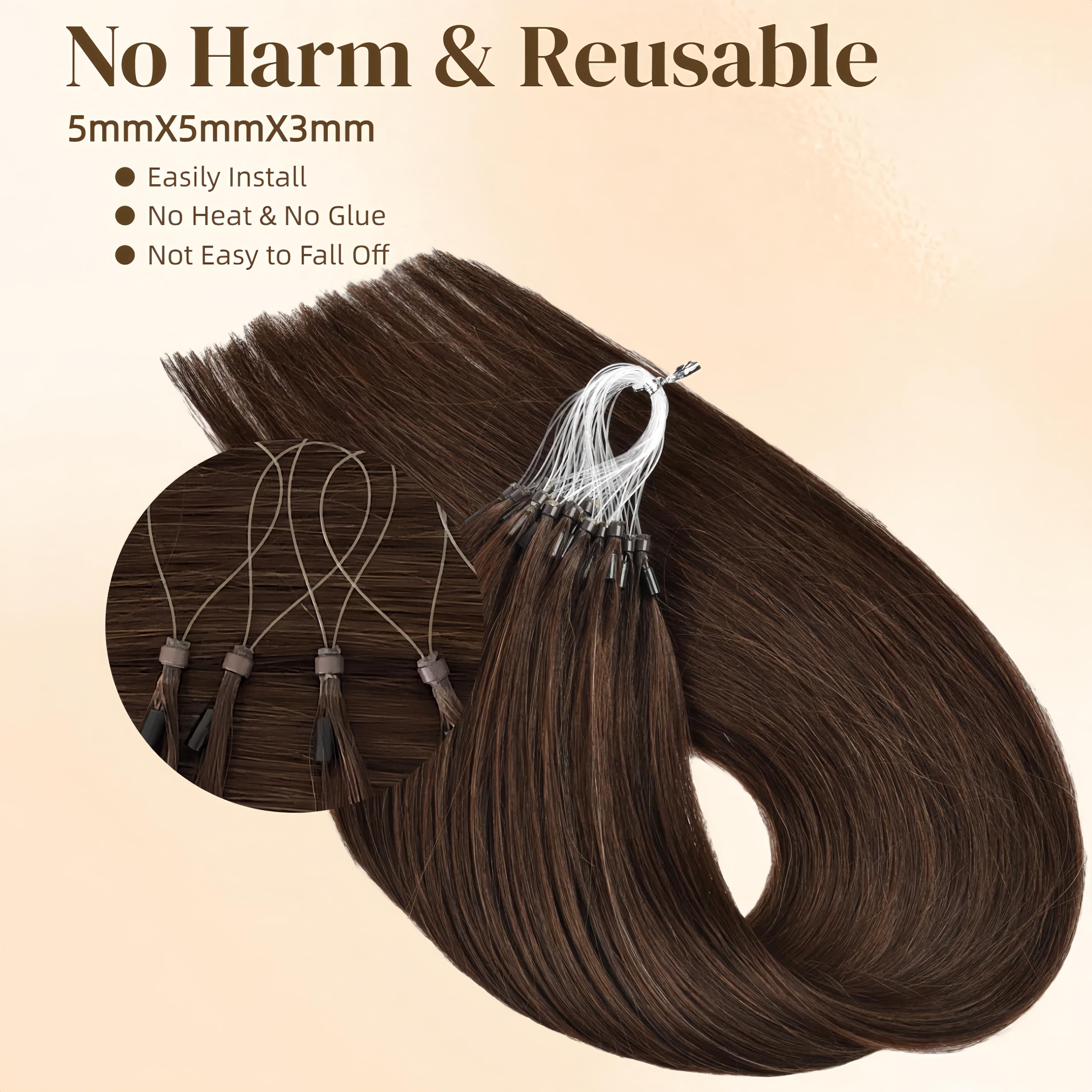 Kun na Micro Loop Hair Extensions Real Human Hair 24 inch Straight Pre-Blonded #2 Dark Brown Cold Fusion Micro Bead Extensions1g/strand 50g/pack - Image 3