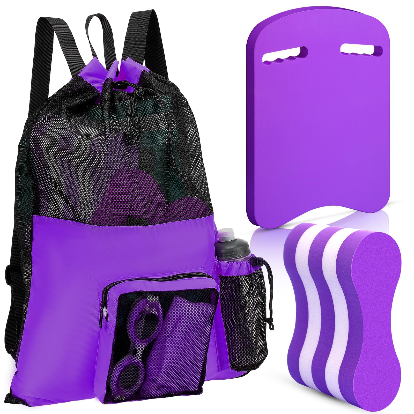 Motionchic 3 Pcs Swimming Kickboard Pull Buoy Set with Backpack, Purple
