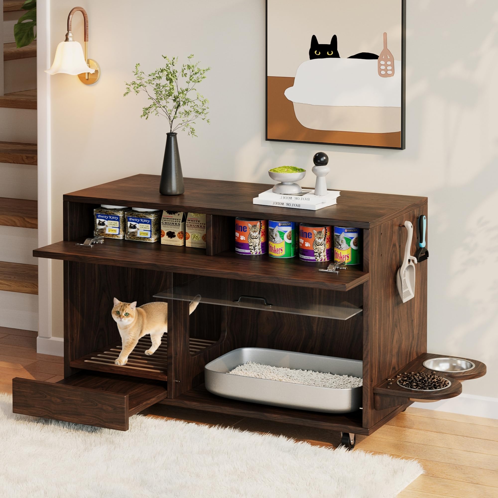 Armadietto mobile per gatti (armadietto per lettiera) – con piatto per cibo per gatti, ciotola raccogli-sabbia, piastra forata con fori per ganci, senza lettiera, 100 x 45,5 x 67 cm (colore noce)