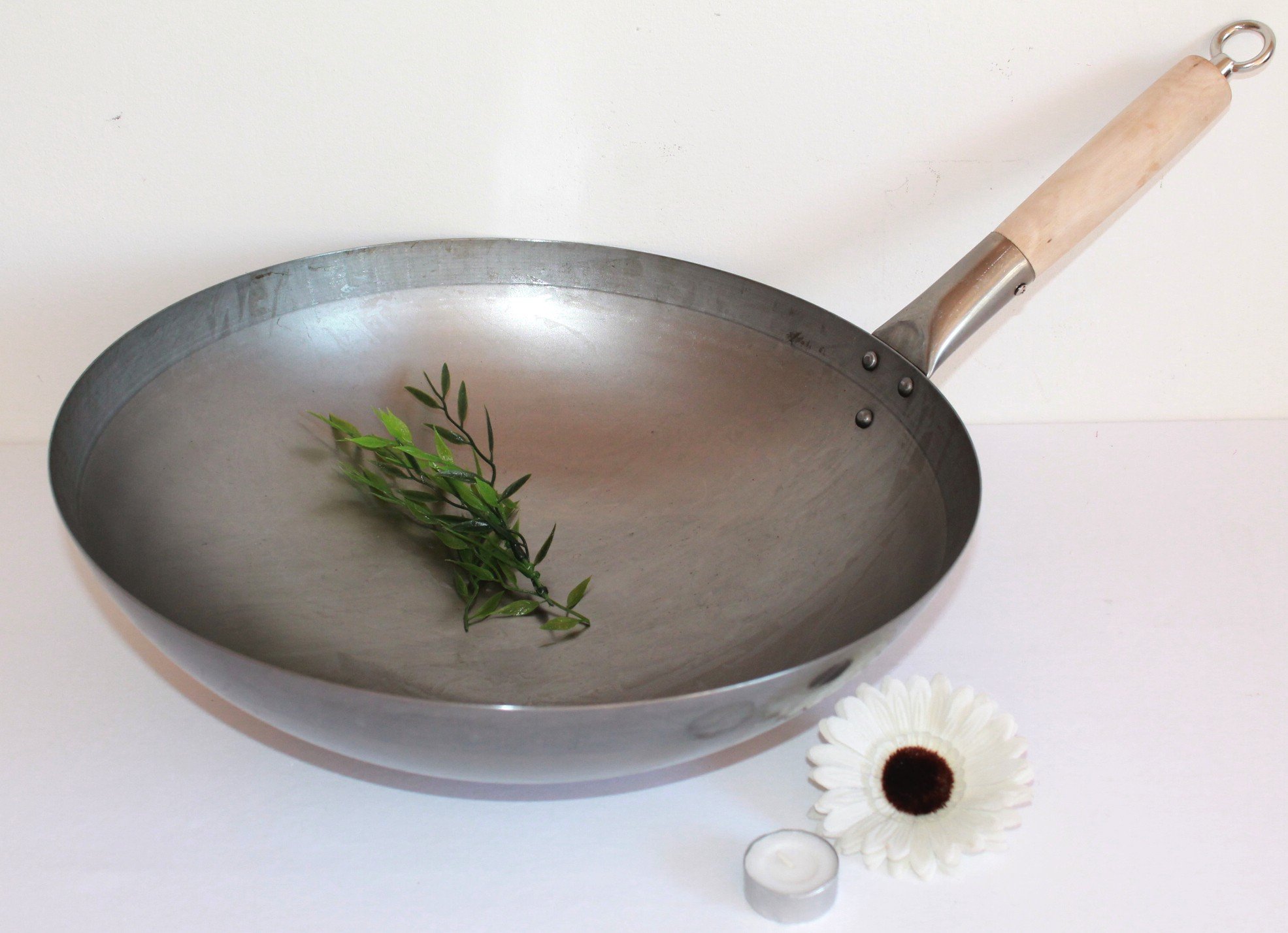 Wok Fondo Arrotondato, Ø 40 cm, per Gas, con manico in legno anche da appendere