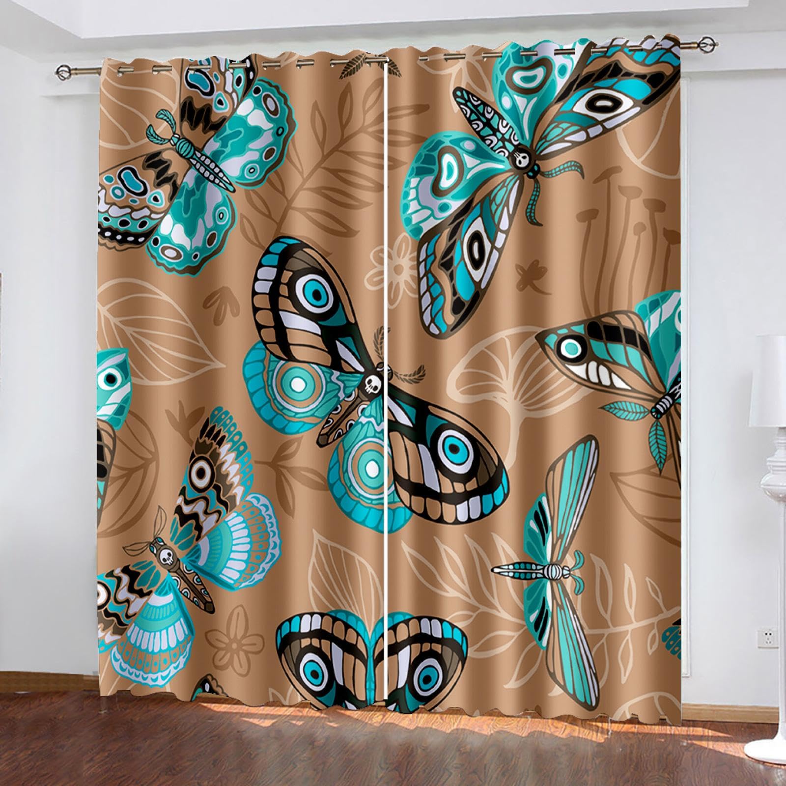 Exquisite Bedroom Curtains Eyelet Brown Butterfly Art 234X183Cm Acoustic Blackout Curtains-3D Printing Curtains-Opaque Perforated Curtains-Living Room, Bedroom And Study Curtains