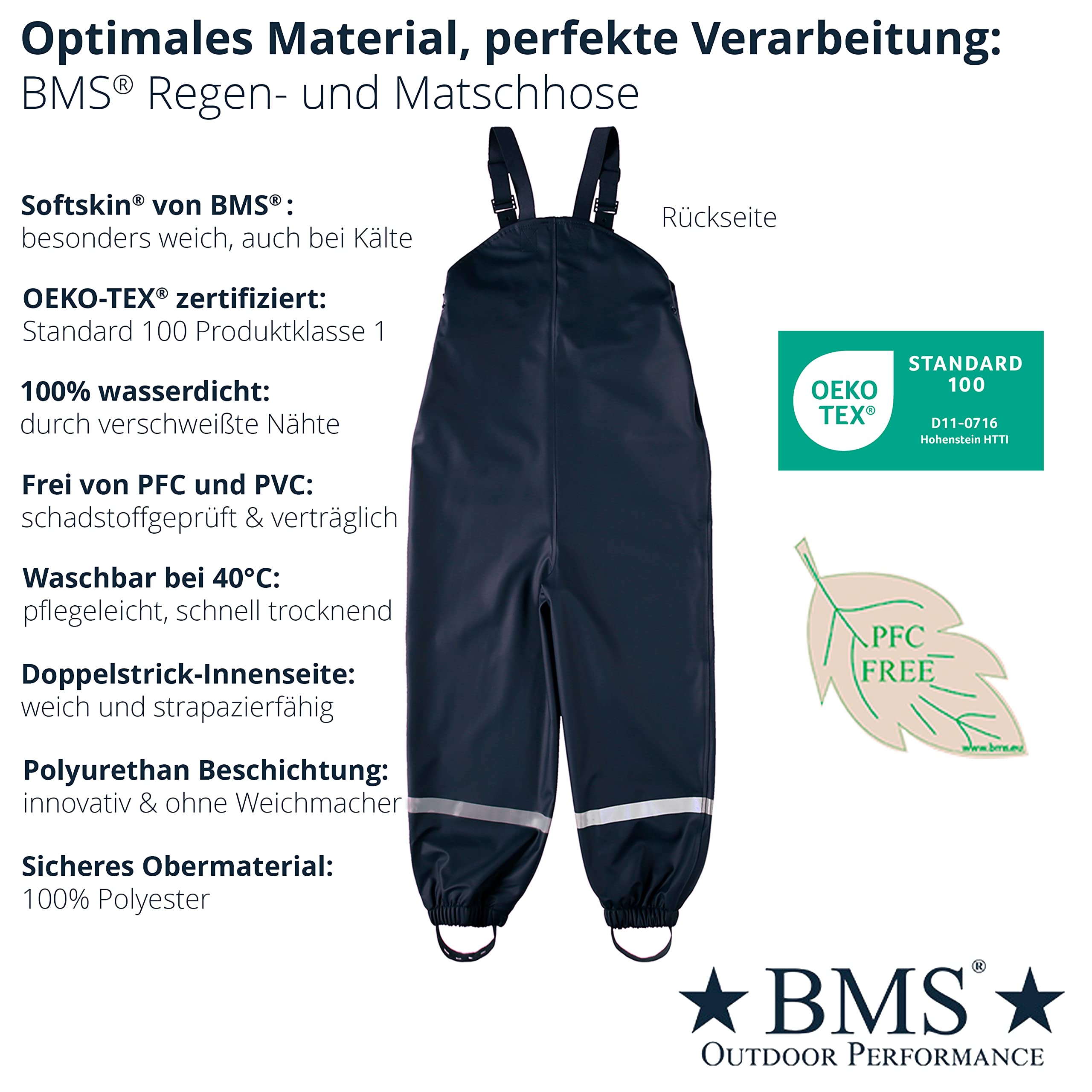 BMS® Regenhose für Kinder mit Latz, ideale Matschhose und Buddelhose, 100% wasserdicht, besonders hautfreundlich und weich Softskin, Oeko-Tex, strapazierfähig, langlebig für Mädchen, Jungen