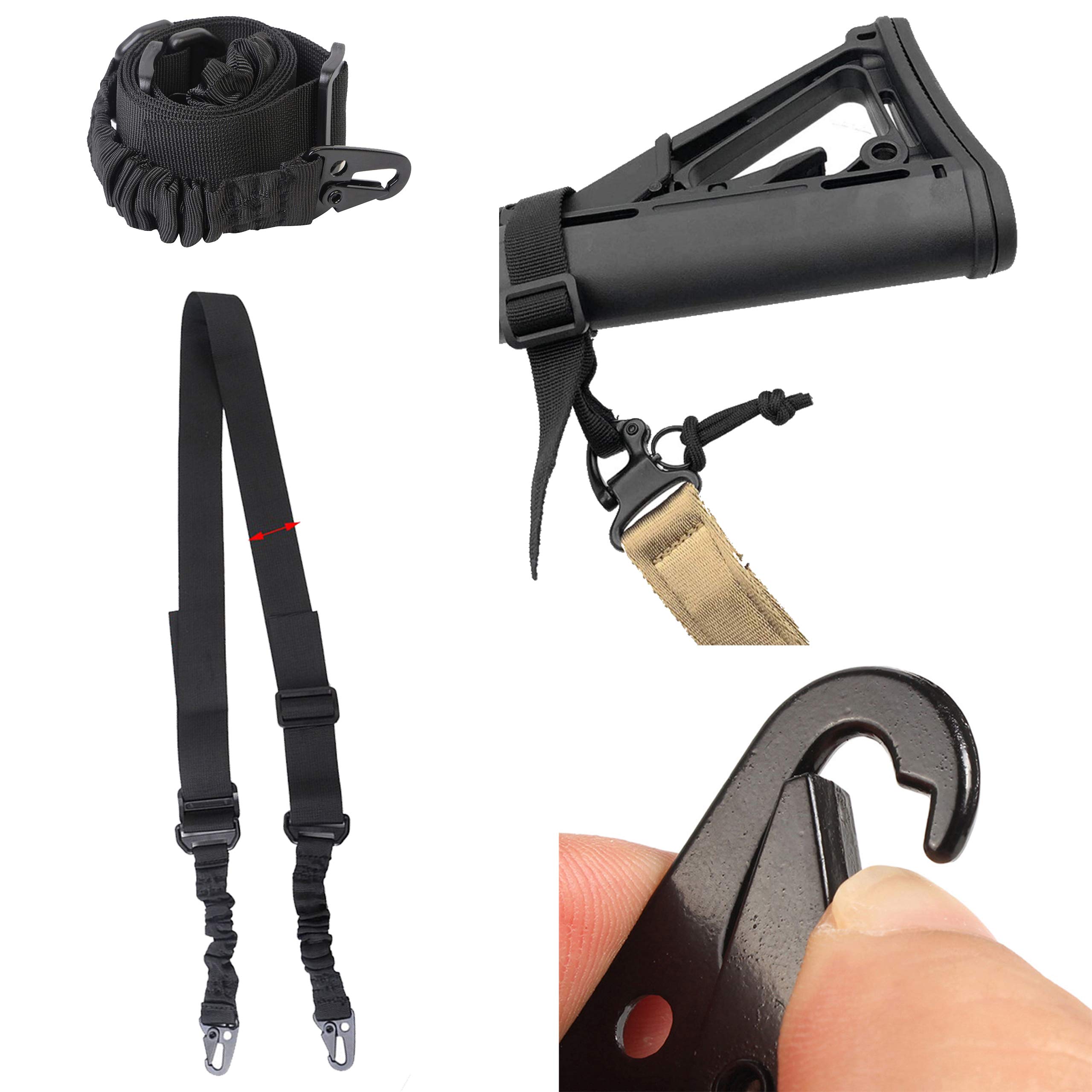 Correa Ajustable Negra + Riel Enganche para Airsoft y Rifle Pack 2 Táctica Point Sling 2 Puntos Multiusos Armas Cuerda Paintball Cinta de Sujeción Paracord Deportes Aire Libre