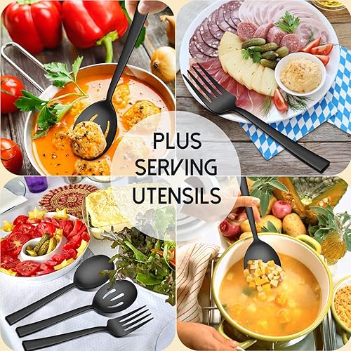 Miniatura 5 de Herogo Juego de cubiertos mate de 46 piezas con utensilios para servir, cubiertos cuadrados de acero inoxidable, moderno juego de cubiertos con