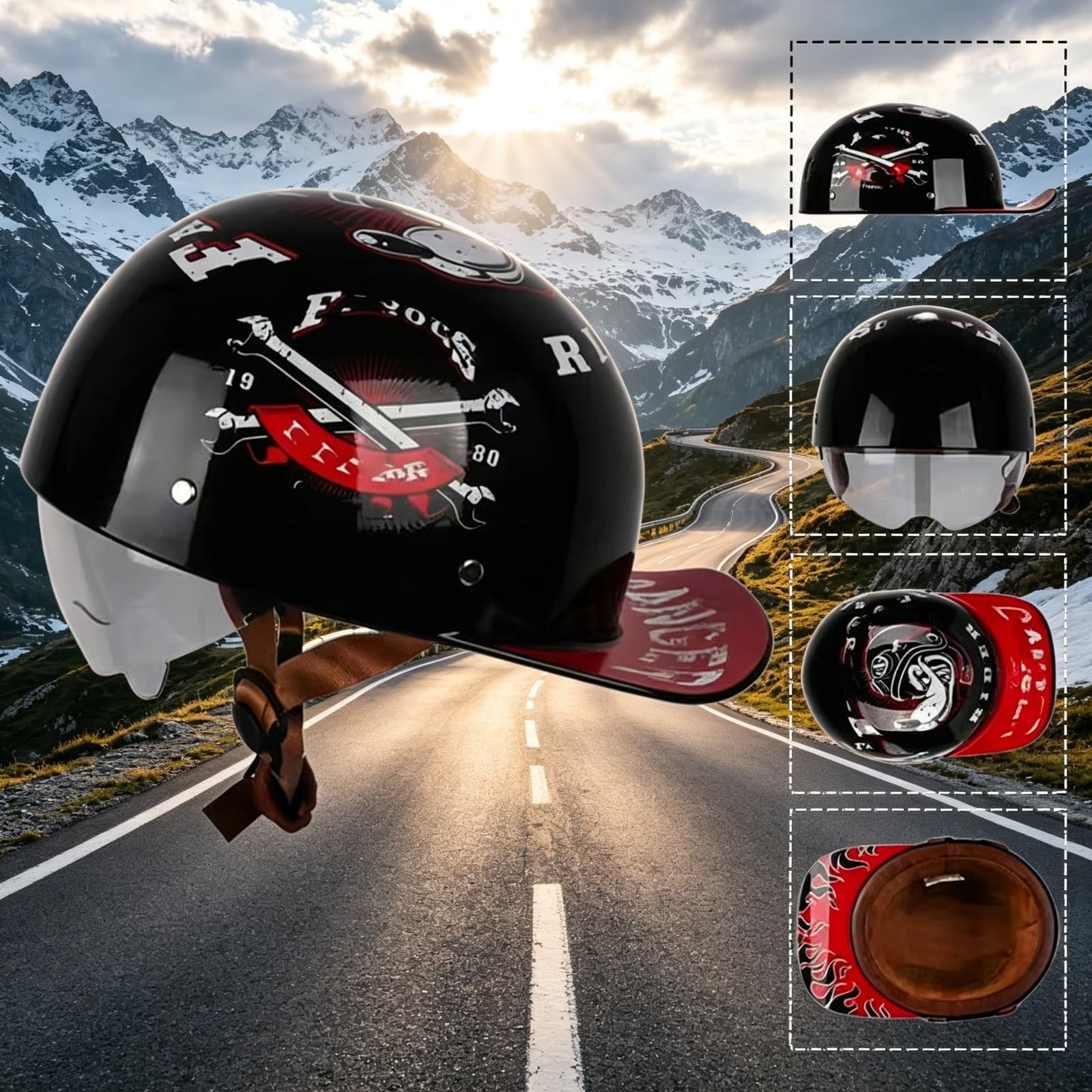 Stealth Kask Baseball ECE 22.06 Homologacja Półkask Retro Skuter | Półkask Czapka z Daszkiem ECE Homologacja, Skorupa ABS Lekka, Opuszczana Blenda