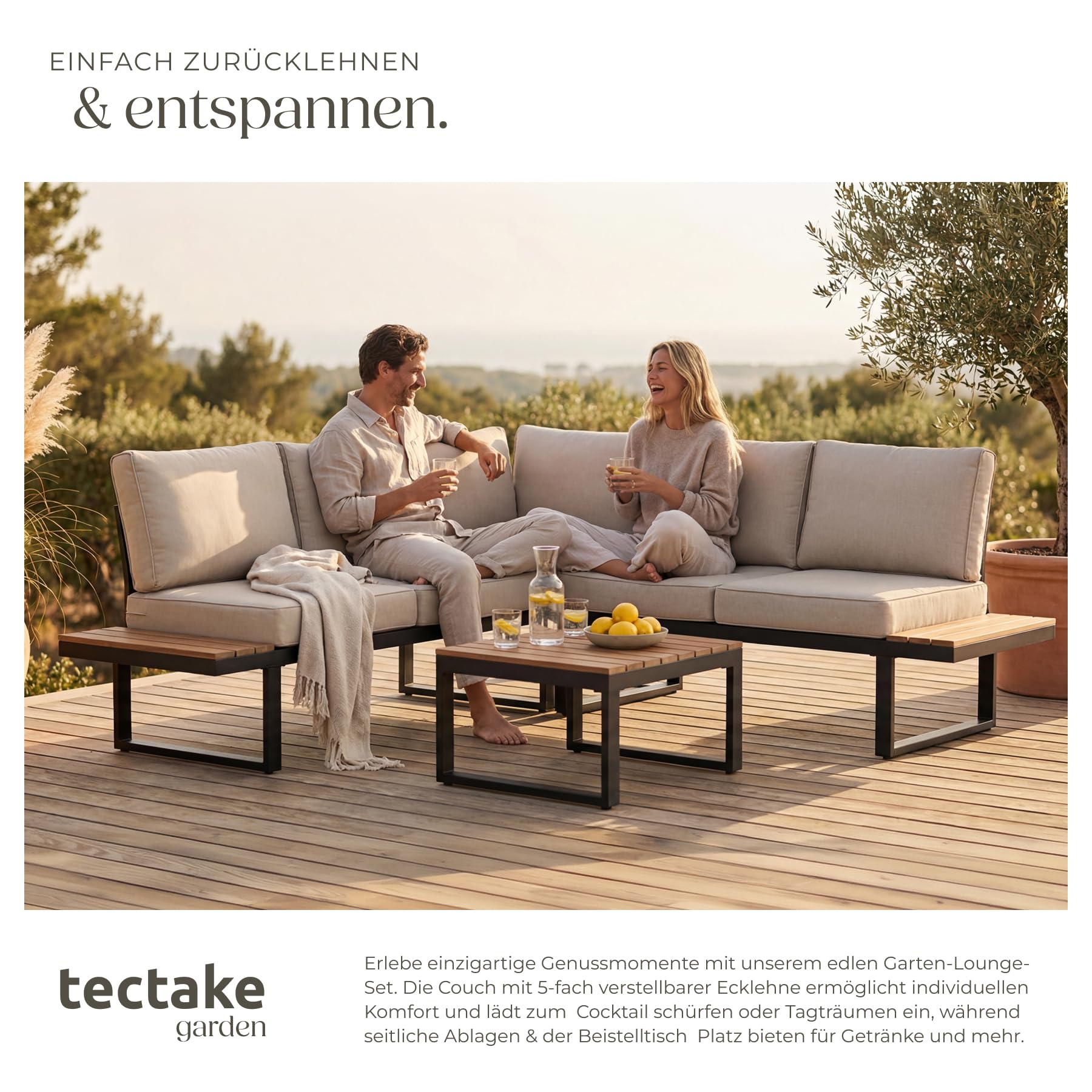tectake® Gartenlounge Set 4-teilig, wetterfest, Gartenmöbel mit Aluminium-Gestell und Polywood-Tisch, verstellbare Rückenlehne, Gartenmöbel Set mit Kissen, Gartenlounge für Garten, Balkon, Terrasse