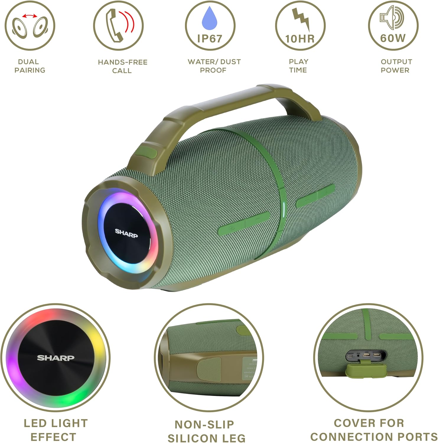 Sharp GX-BT490 Bluetooth Speaker with DSP Technology | Waterproof IP67 | 10 Hour Playtime | Light Effects | 120W Max Power with Deep Bass | True Wireless Pairing | Hands-Free Calling | Strap | Green