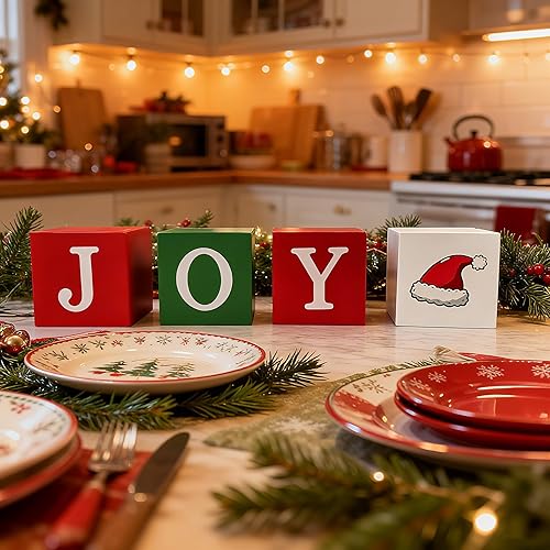 Miniatura 2 de 4 piezas de decoración de mesa de Navidad para interiores, bloques de madera, letreros rojos, verdes y blancos, centros de mesa de Navidad para el