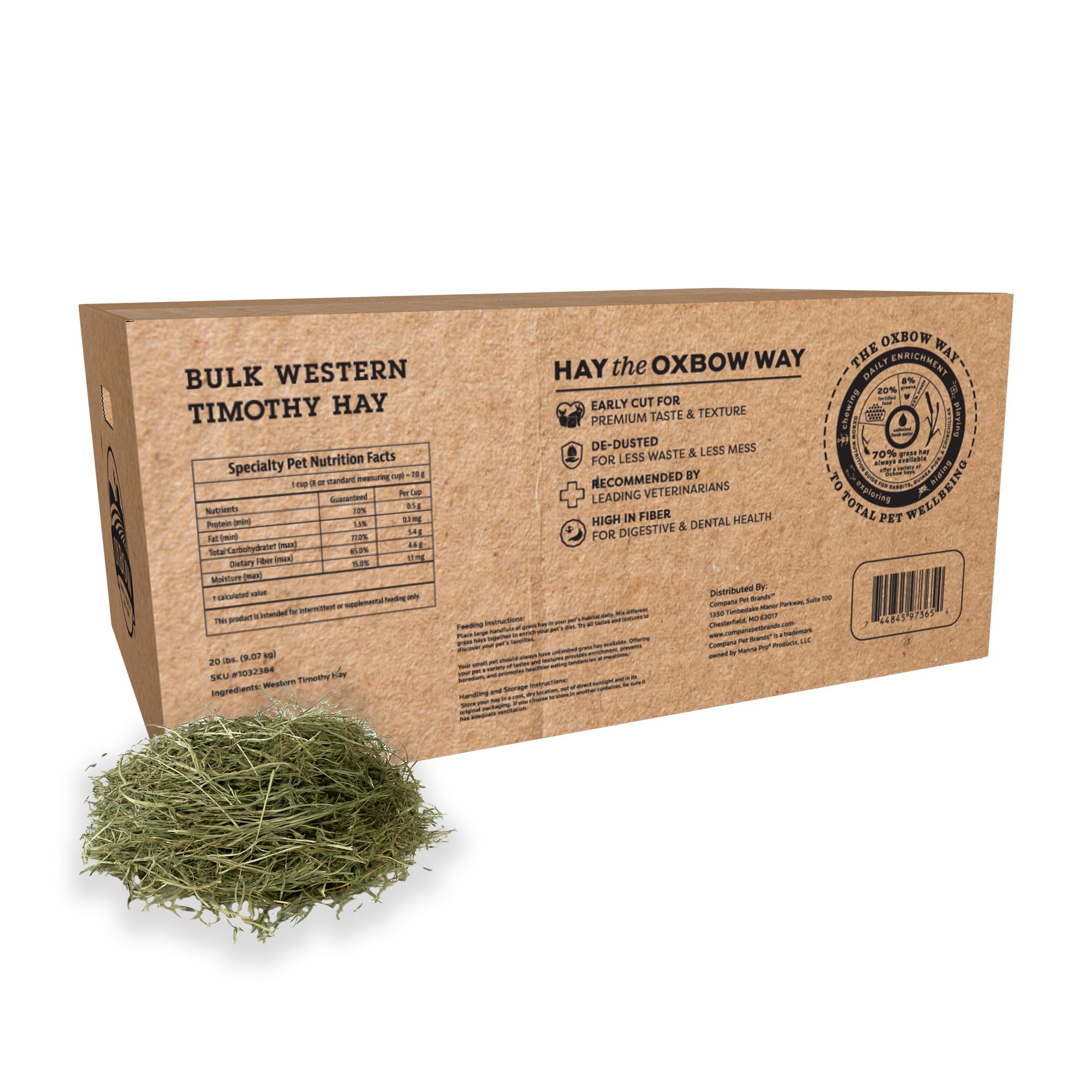 Oxbow Timothy Hay, Rabbit & Guinea Pig Hay, High Fiber for Digestive Health, Grown in The USA, Veterinarian Recommended Small Pet Supplies, Bulk Food for Rabbits, Guinea Pigs, & Chinchillas, 20 lbs