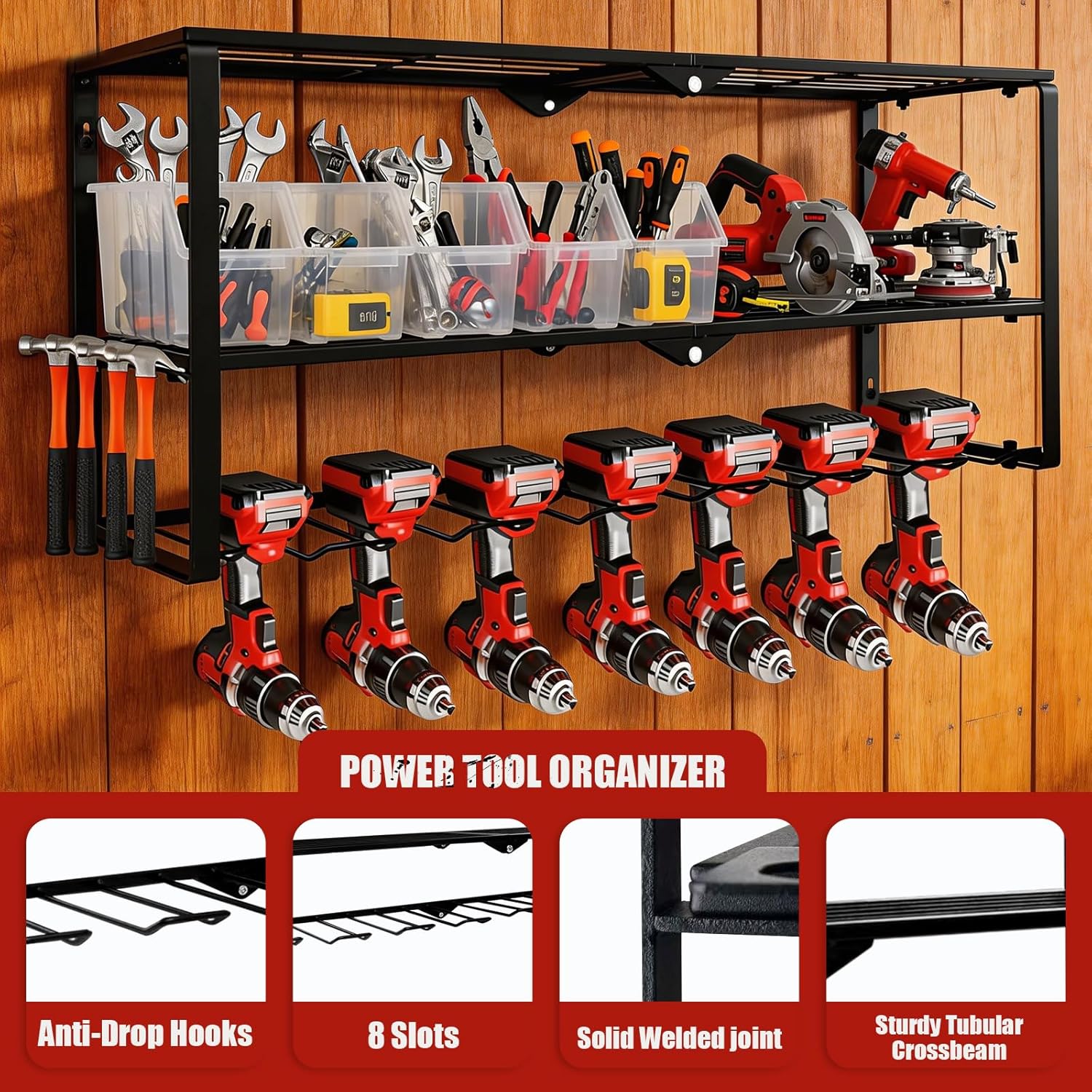 Power Tool Organizer Wall Mount, 3 Layers Drill Holder Rack Charging Station with Adjustable Hooks & 8 Drill Holders, Heavy Duty Garage Storage for Cordless Drills, Tools & Accessories