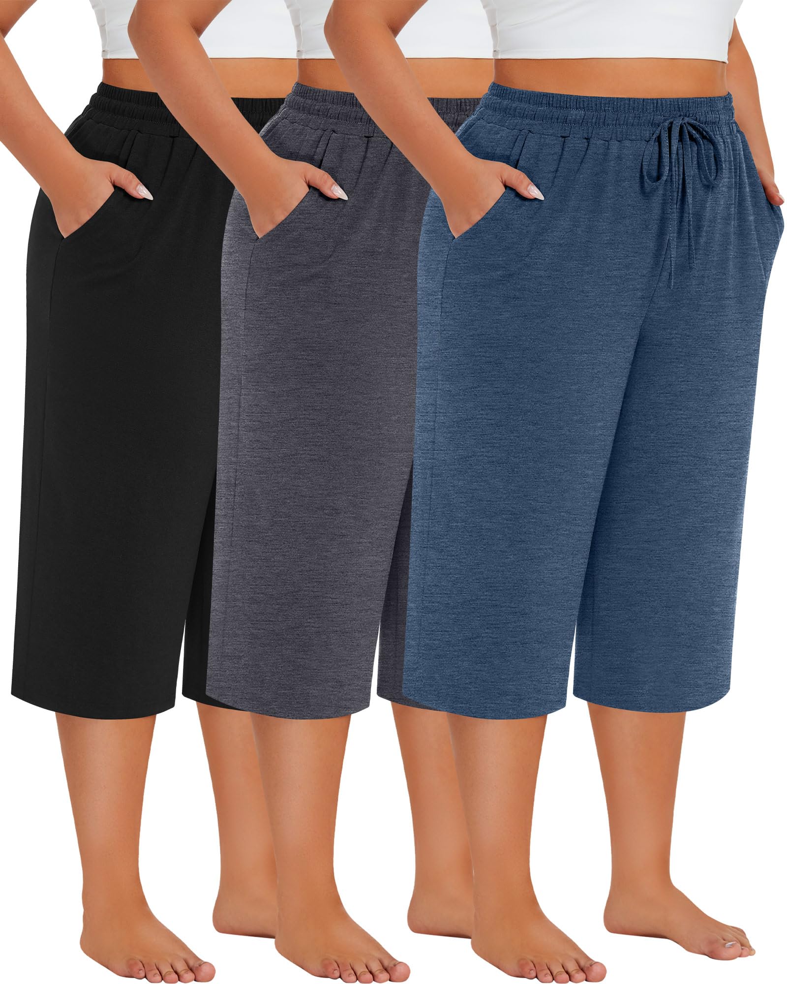 Neer 3 Pack Women's Plus Size Cotton Capris, Stretchy Wide Leg Cropped Pants with Pockets Loose Lounge Pajama Sweatpants