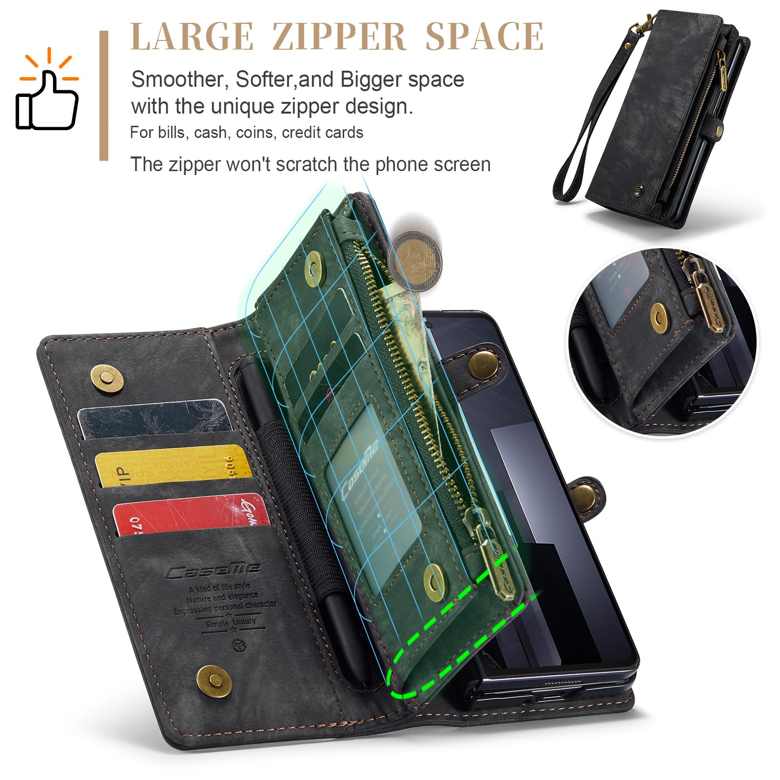 UFinetech Z Fold 6 Case, Shockproof Card Holder Flip Zipper Slots Wallet Cover for Galaxy Z Fold6 Case, Built-in S-Pen Holder - Image 3