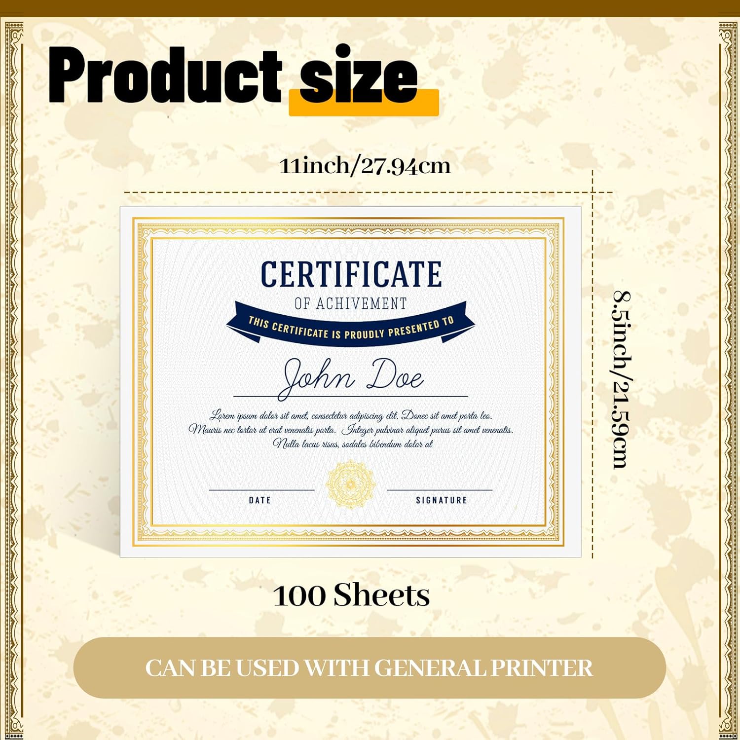 100 Sheet Foil Border Certificate Paper 8.5 x 11 Inch for Printing Blank Customizable Award Certificates Paper for Graduation Diploma Business Achievement Recognition(Gold Foil Border)