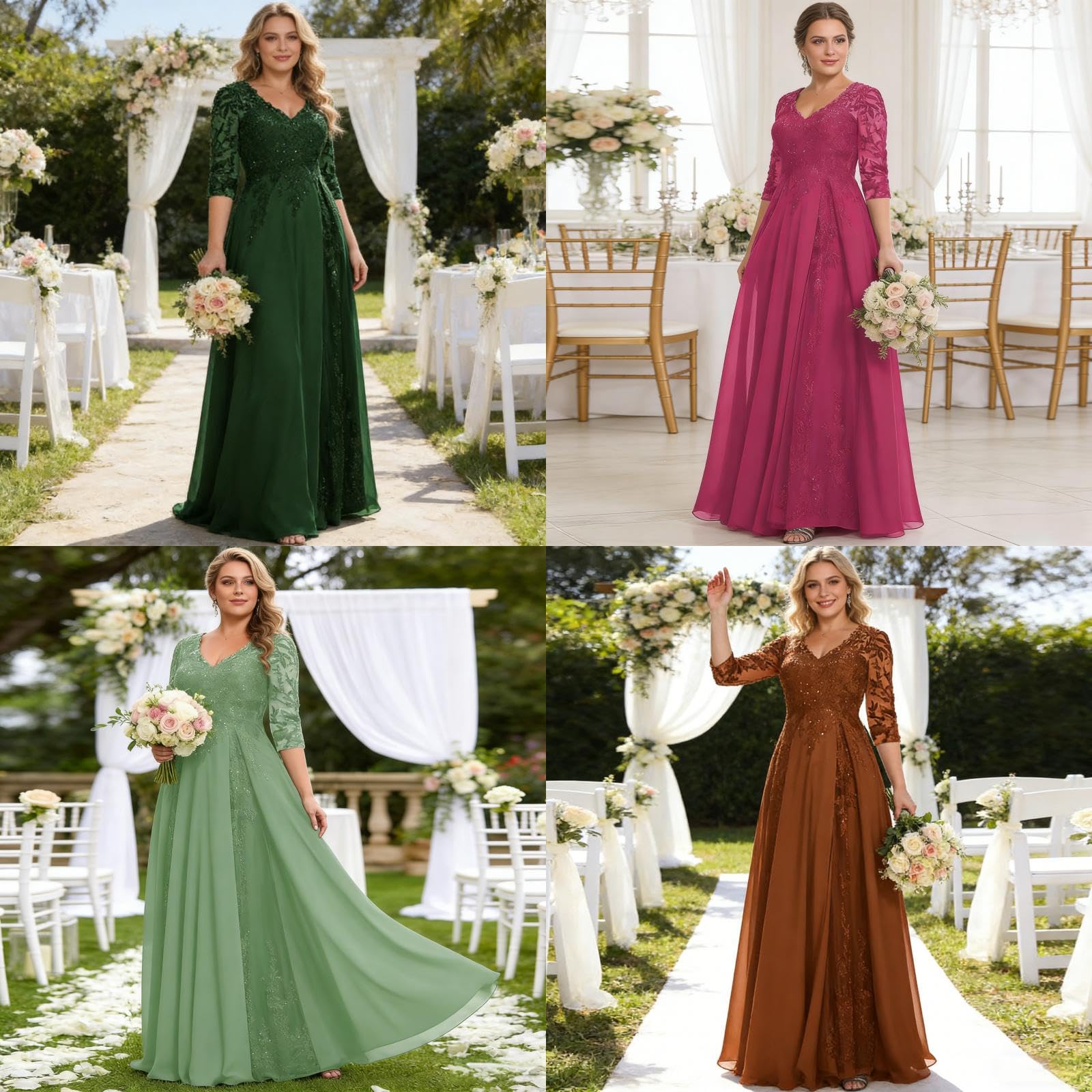 Robes de mère de la mariée à manches 3/4 pour mariage en mousseline de soie appliques en dentelle col en V longue robe de soirée formelle