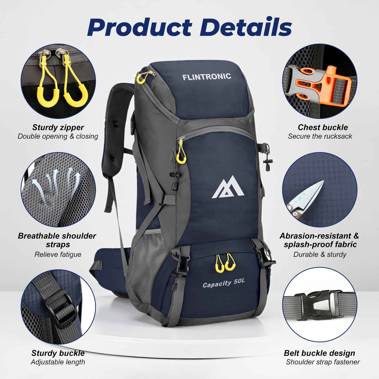 flintronic Plecak turystyczny dla mężczyzn i kobiet, 50 l, plecak outdoorowy, plecak trekkingowy, lekki, wodoszczelny, na podróż, sport, wędrówki, wspinaczkę górską, kemping, niebieski