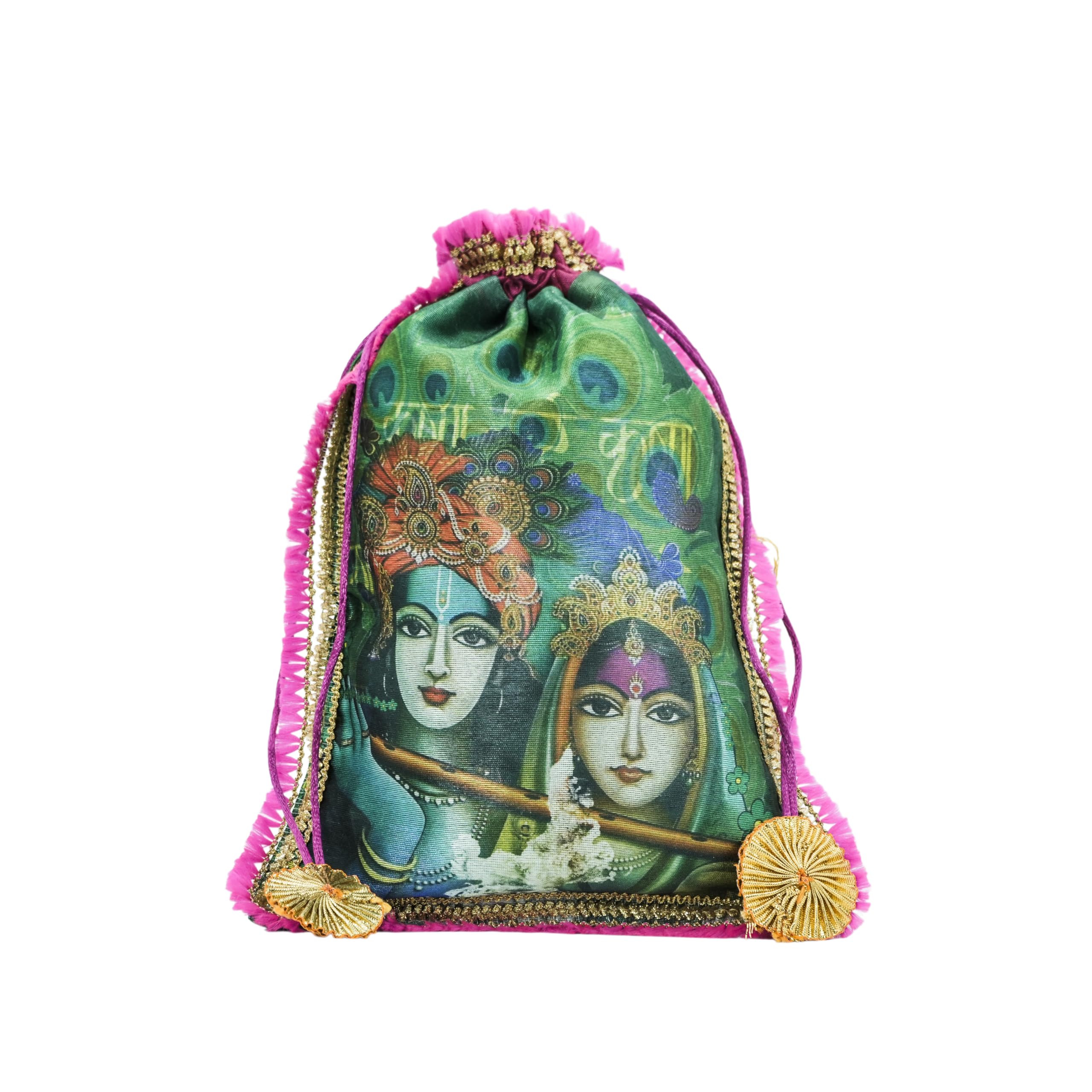 Ganesha Print Potli Bag, Yellow & Pink Drawstring Pouch-image-30