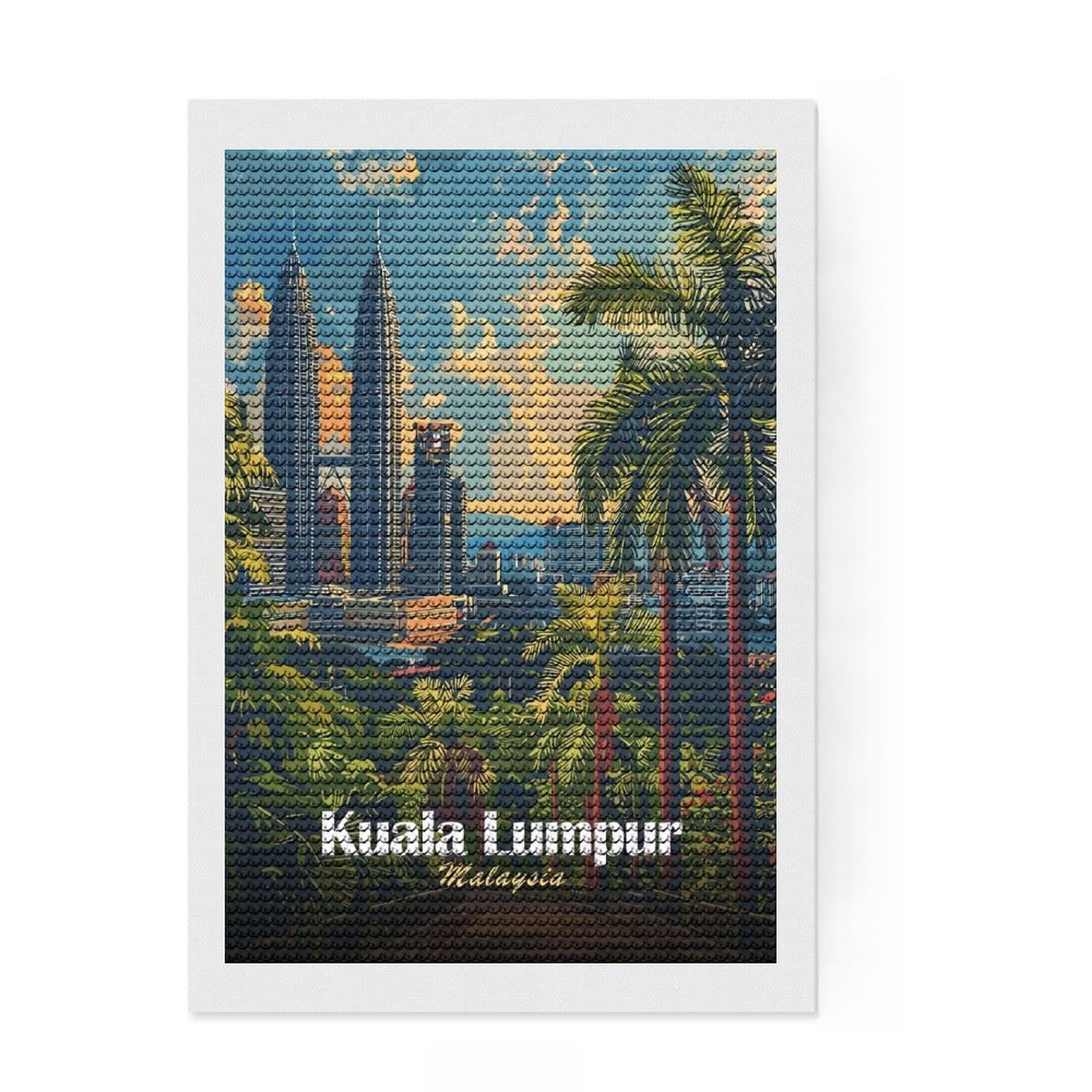 Junmoney Kuala Lumpur, Malaysia Cityscape Art Diamond Painting Kit 8"x12", Holiday Gift Idea, for Beginners, Adhesive Canvas, Bedroom Decor, Stress Relief Craft
