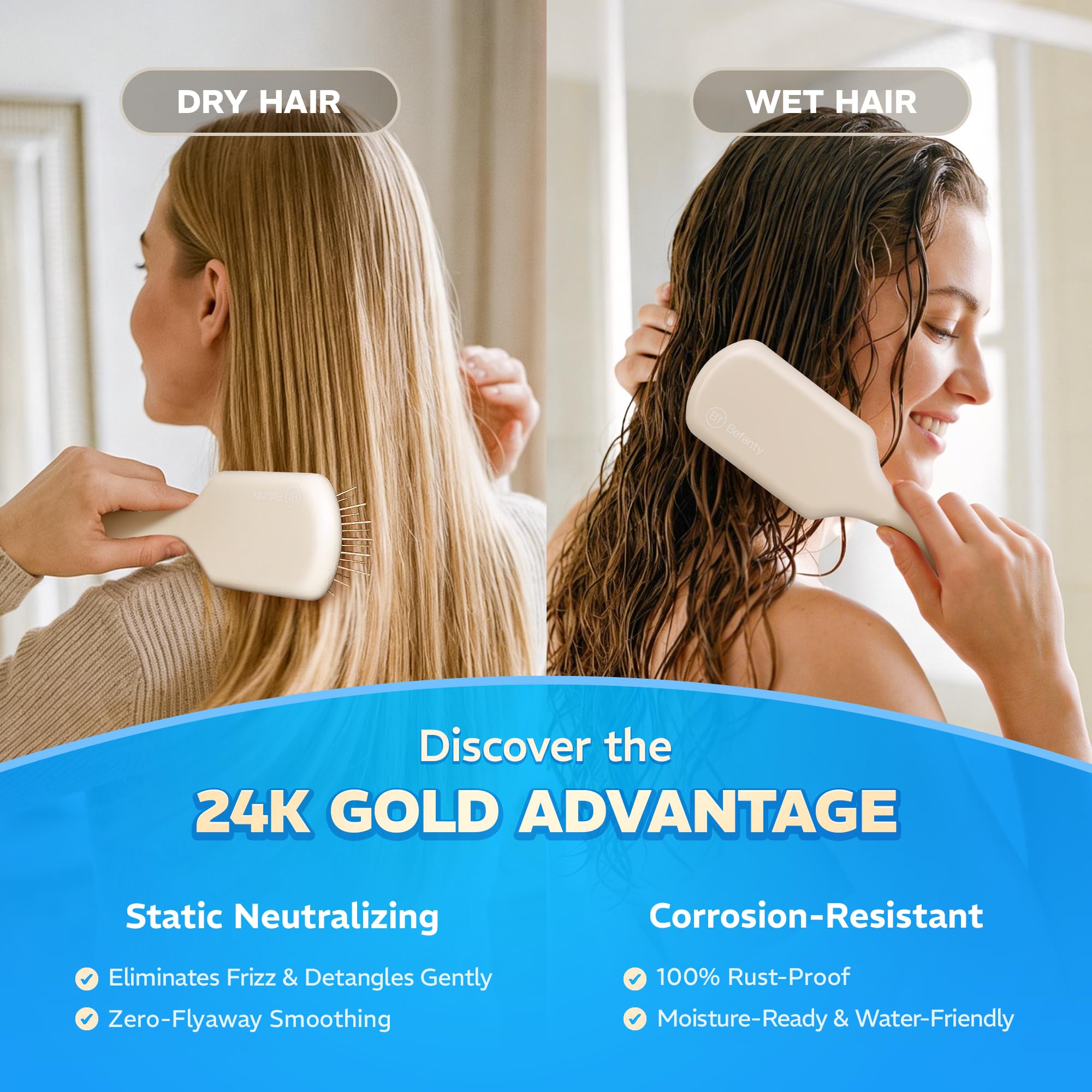 Cepillo de pelo chapado en oro de 24 quilates para cabello rizado, cepillo para secar con secador, cepillo para desenredar el cabello húmedo y seco, desenredante para todo tipo de cabello