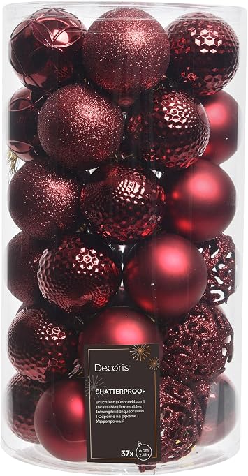 Plastic Christmas Baubles 6 cm x 37 Ornaments Mix Set Christmas Tree Baubles Shatterproof Oxblood