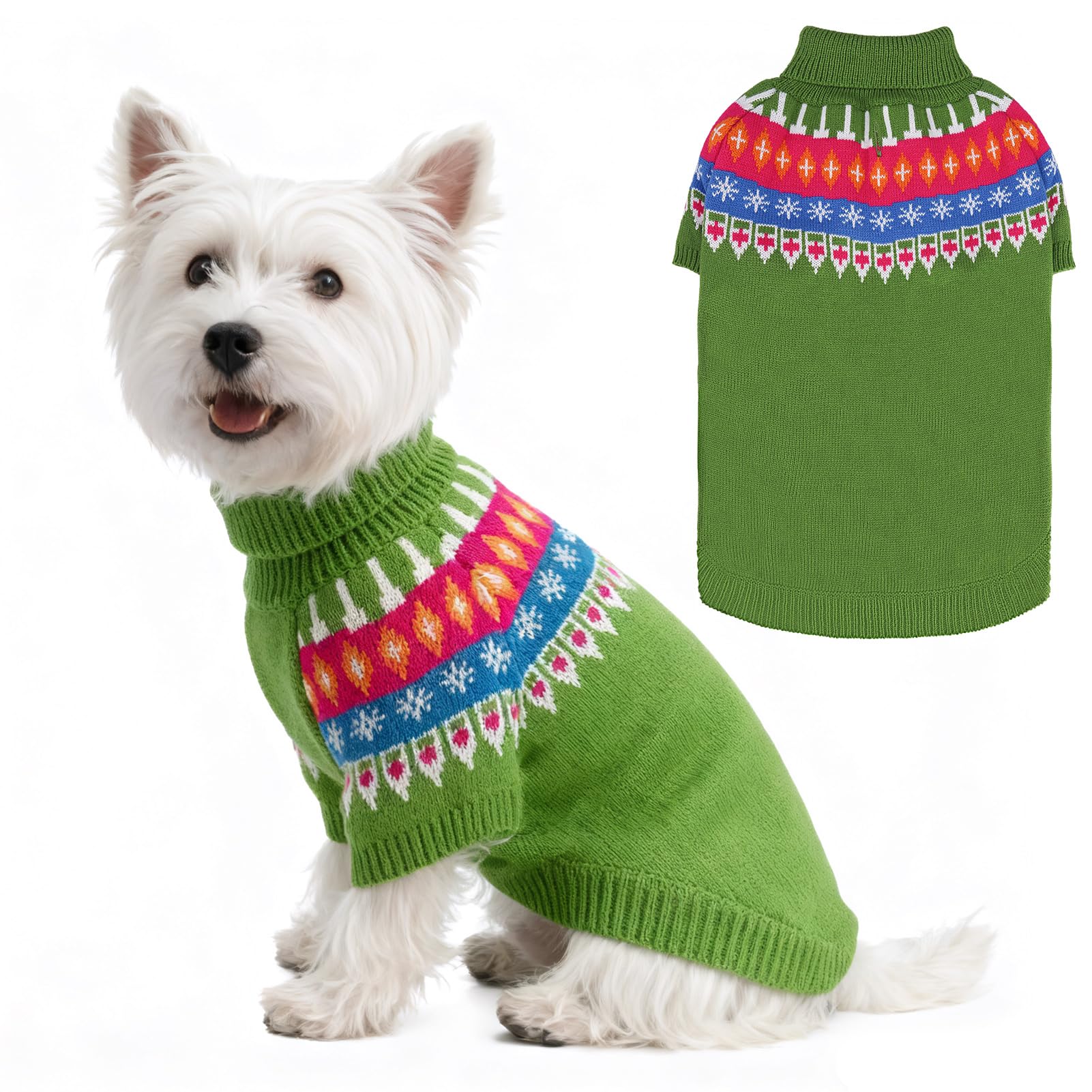 EXPAWLORER Turtleneck Dog Jumper - Knitted Dog Clothes in Classic Fair Isle Patterns, Warm Comfortable Puppy Jumper Pet Sweater with Sleeves, Winter Pet Outfit Pullover for Dogs Cats, Green Large