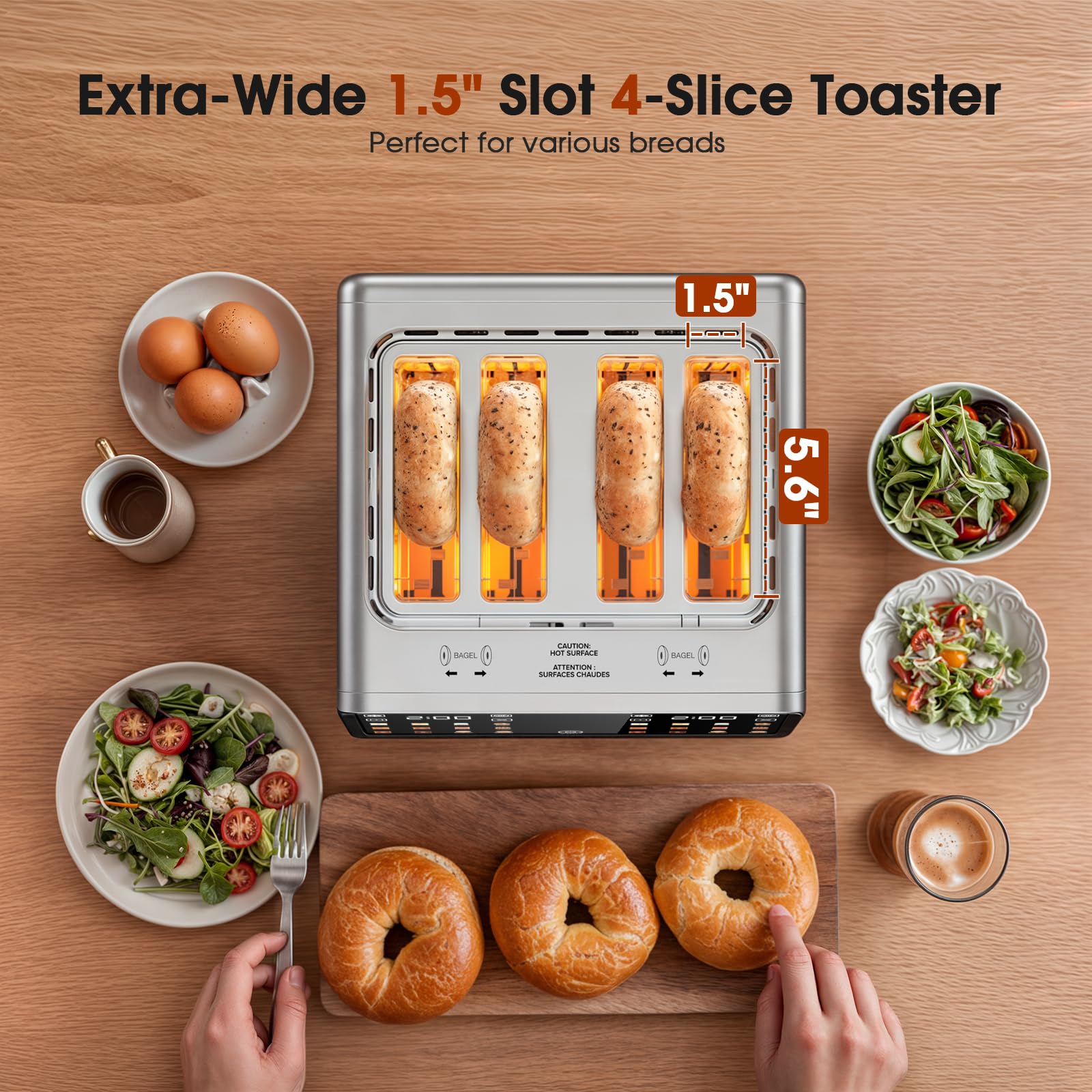 tostapane touch screen, 4 fette, tostapane digitali intelligenti in acciaio inossidabile con torrefazione a singola scanalatura, 6 tipi di pane e 6 impostazioni dell'ombra, tostapane da 1,5 pollici, 4