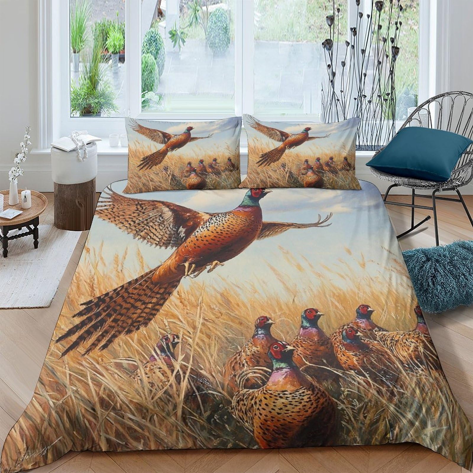 Ctjqhvkz Style-8 3D Printed Flying Pheasant Fitted Sheet Microfiber Soft Meadow Birds Bed Cover Anti-Slip Washable Bedroom Decor Single（135X200cm）