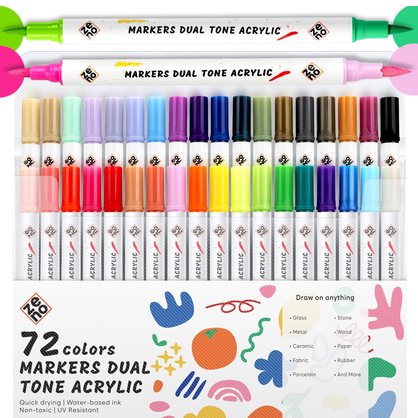ZENO Rotuladores Acrílicos 72 Colores – Set de 36 Marcadores Dual Color, Rotuladores Acrílicos para Piedra, Madera, Cristal, Tela, Papel, Cerámica, DIY, Manualidades y Lettering