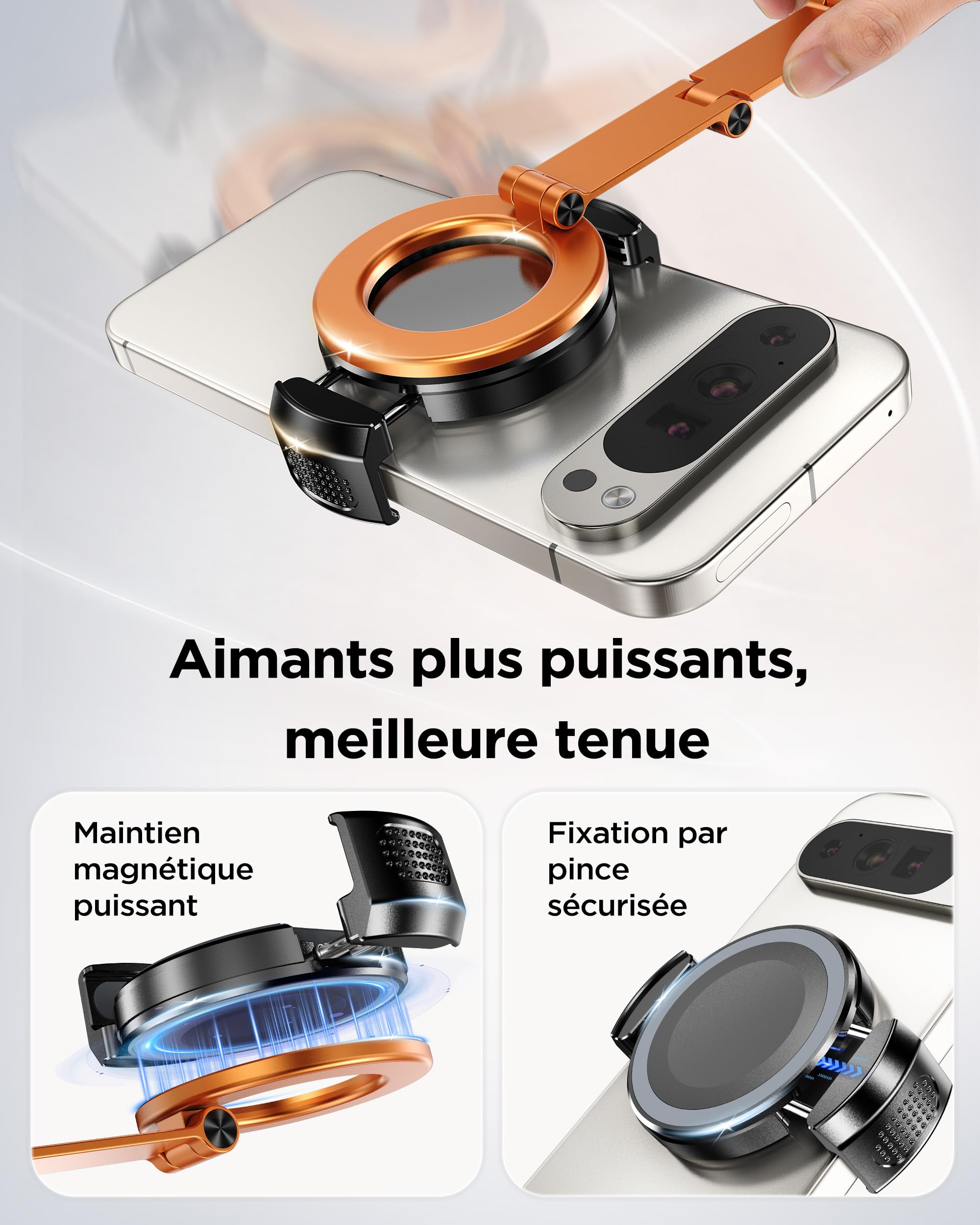 MSXTTLY Support Téléphone Voiture Magnétique Vmag S3 avec Clip VMag-GC, Pack Double Bras Long + Clip sans Anneau Adhésif, Ventouse Nano, pour iPhone 17 Pro Max/16-12 et Android, Orange