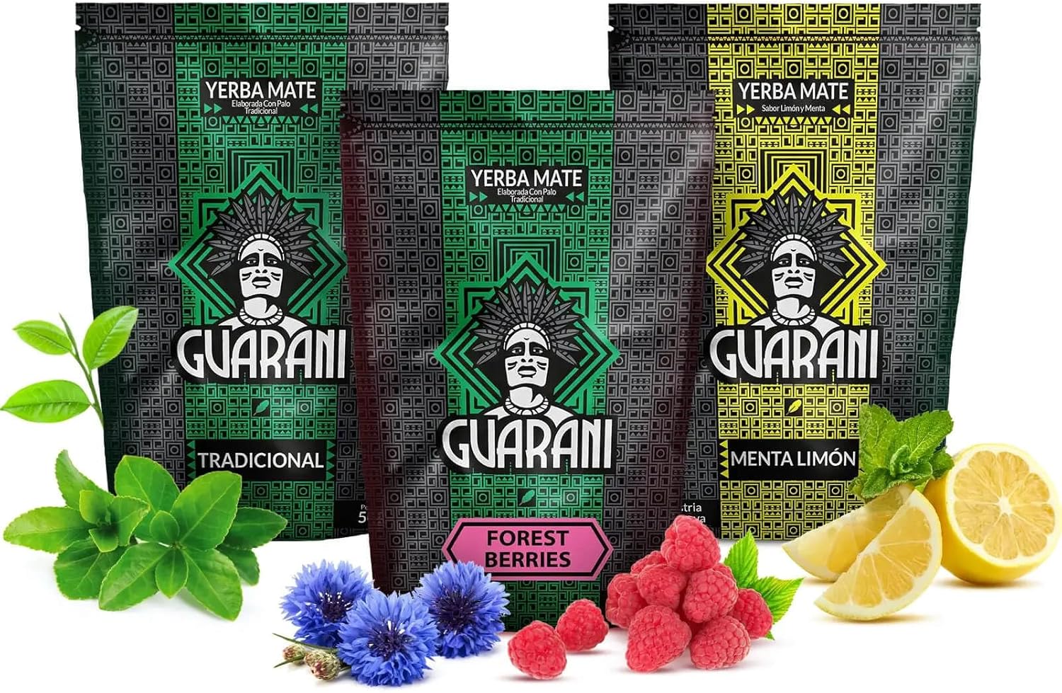 Guarani Yerba Mate Set 3x500g | Forrest Berries | Menta Limon | Elaborada | Paraguayan Yerba Mate Herbal Tea 1,5kg | Coffee Alternative | Natural Caffeine | Natural Energy Drink | Loose Leaf Tea