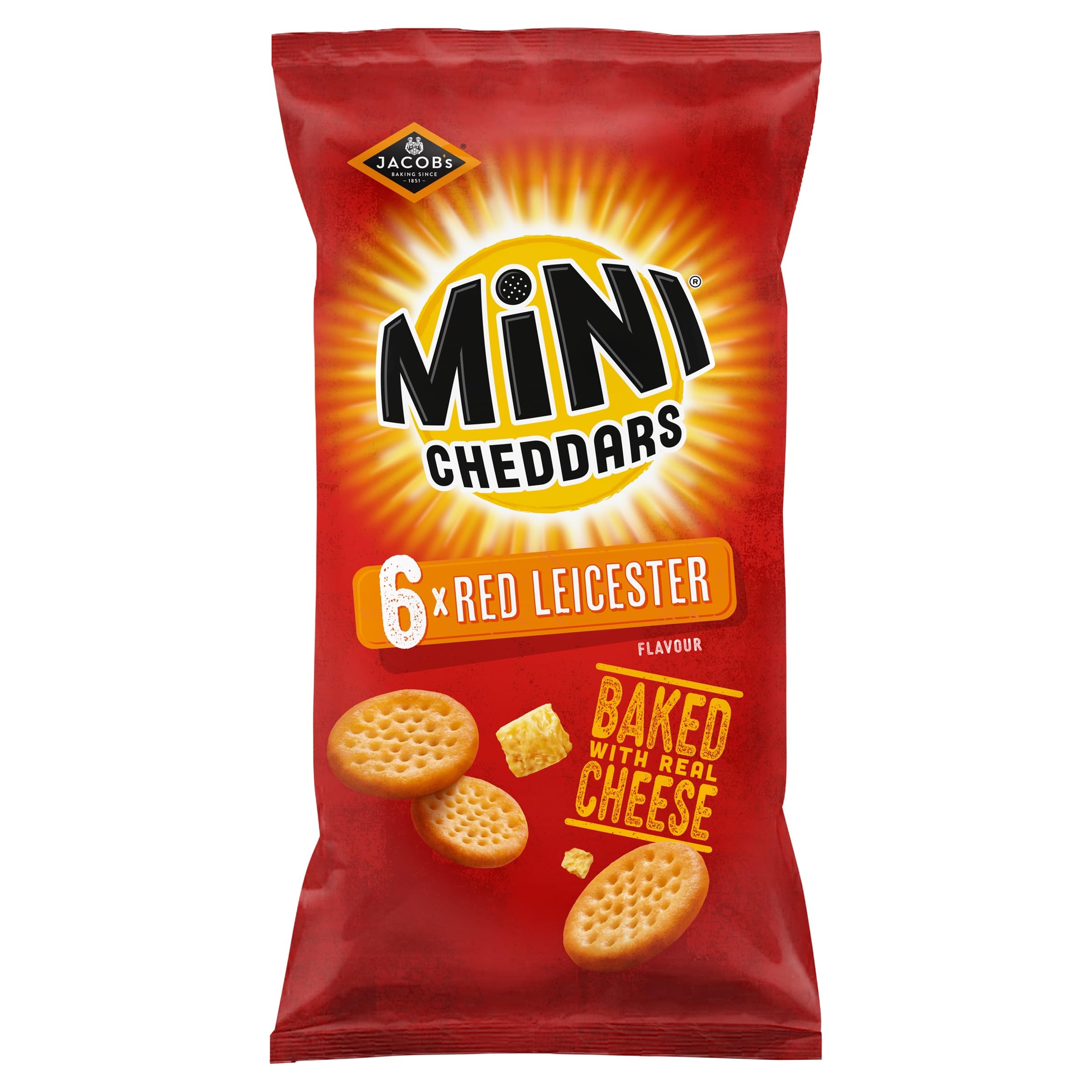 JACOB'S Mini Cheddars Red Leicester Flavour Multipack Crisps, Baked with Real Cheese, 6 x 23 g Bags per Pack (Pack of 1)