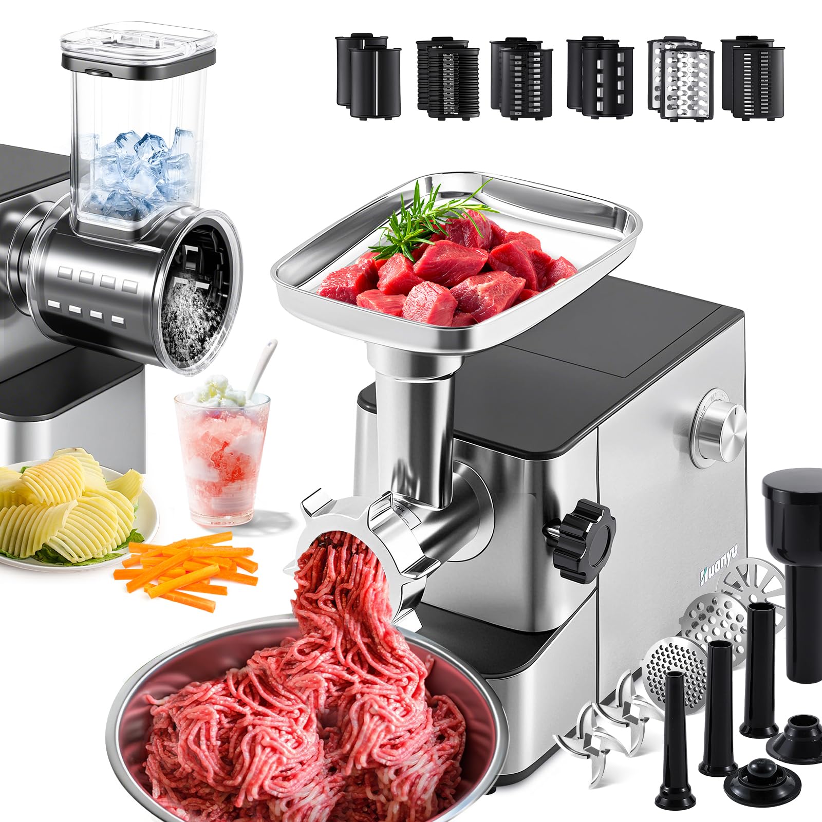 Trituradora eléctrica de carne, trituradora de verduras de alta resistencia y afeitadora de hielo de 3200 W de potencia máxima, 2 cuchillas, 3 platos, tubos de salchicha y kit de kubbe de
