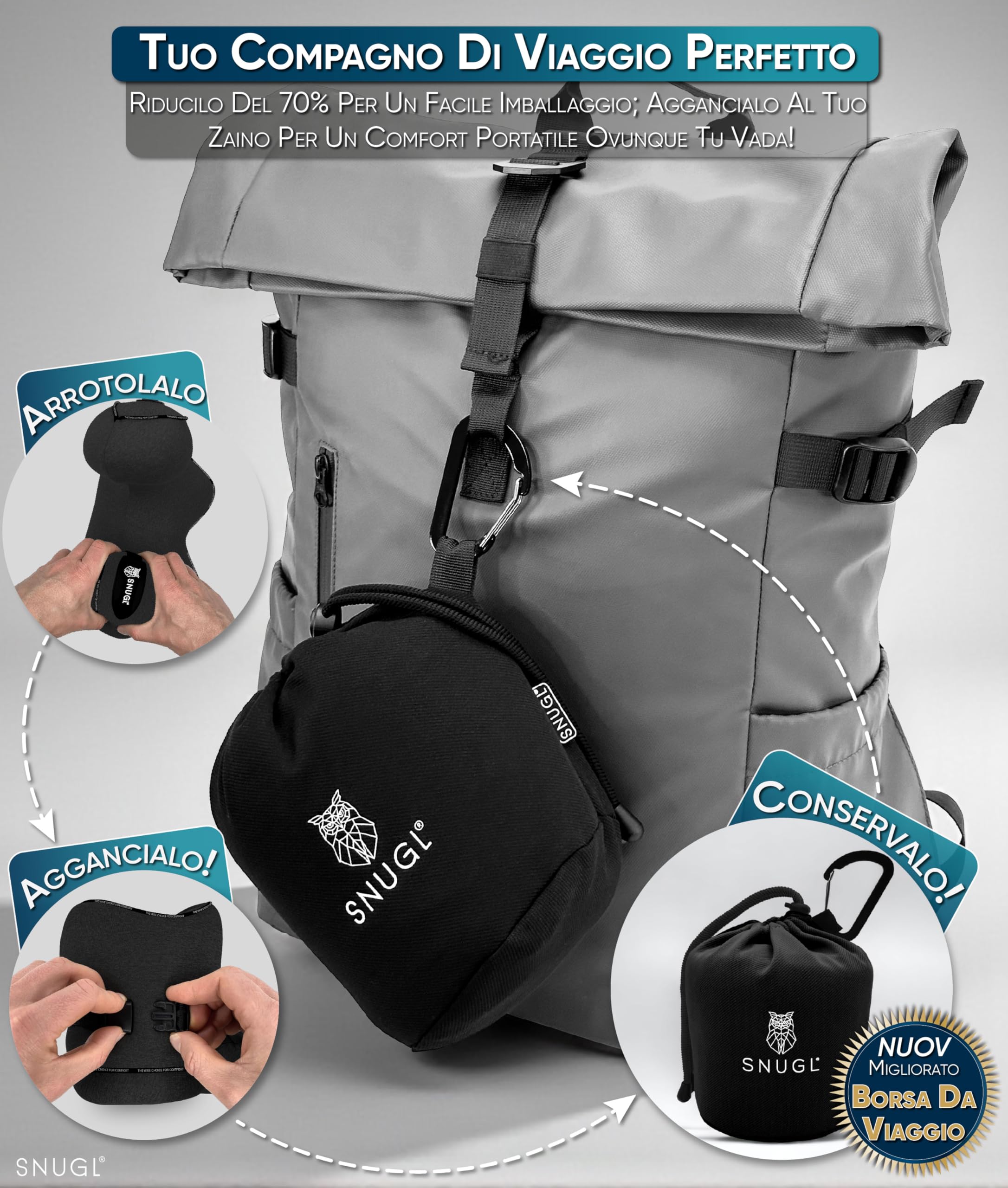 SNUGL Cuscino da Viaggio Ergonomico – Cuscino Aereo in Memory Foam – Cuscino Cervicale da Viaggio – Cuscino Cervicale per Dormire – Supporto Collo per Aereo, Auto, Treno | (Nero - Adulto Piccolo)