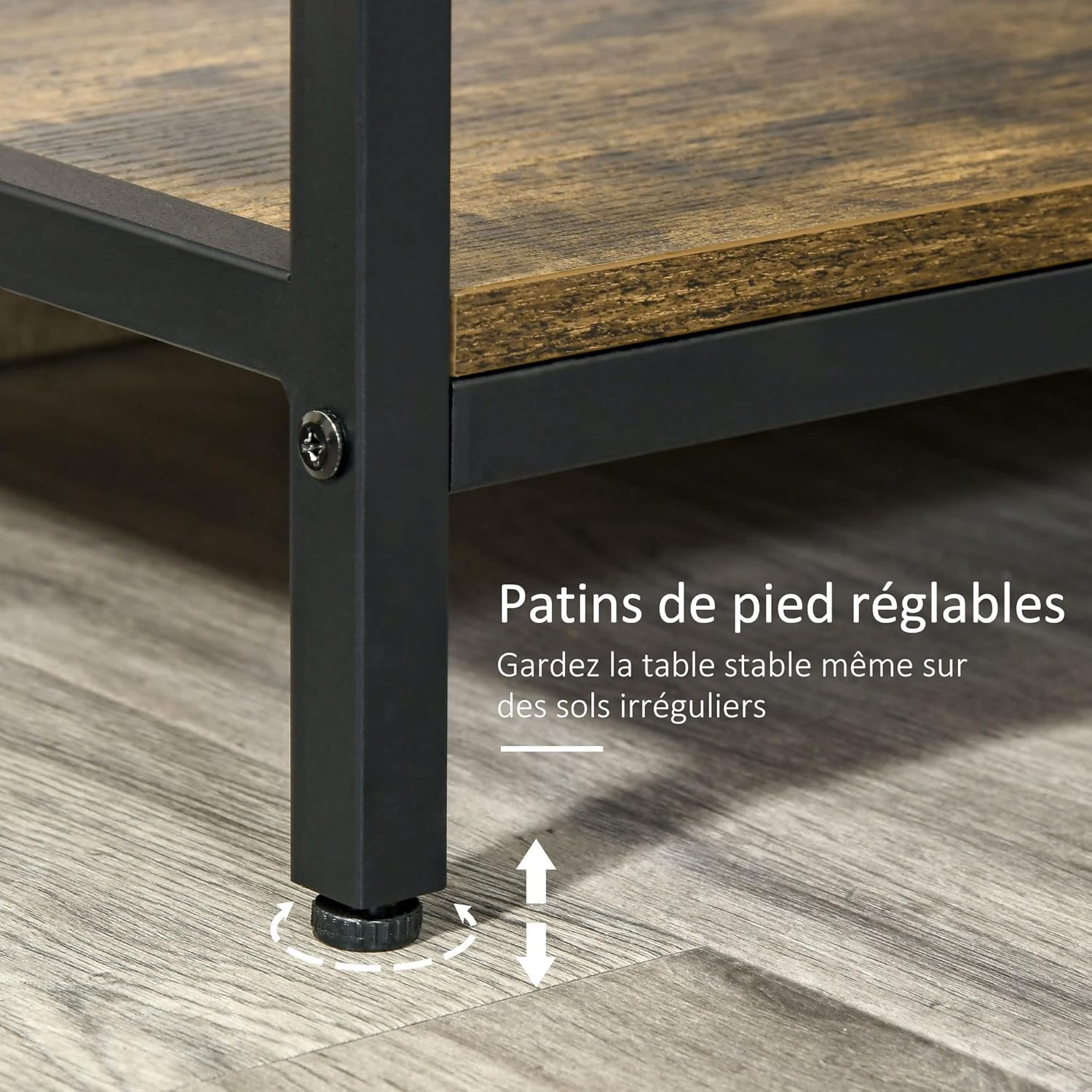 Close-up of an adjustable leveling foot on the console table leg
