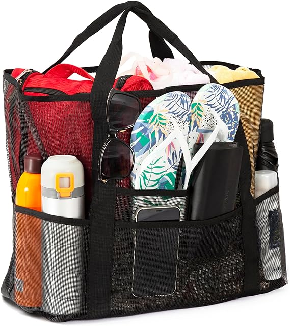 Roannie Mesh Beach Bag, Extra Large Beach Bags with 9 Pockets & Zipper Waterproof Lightweight Beach Tote for Beach/Pool Trip