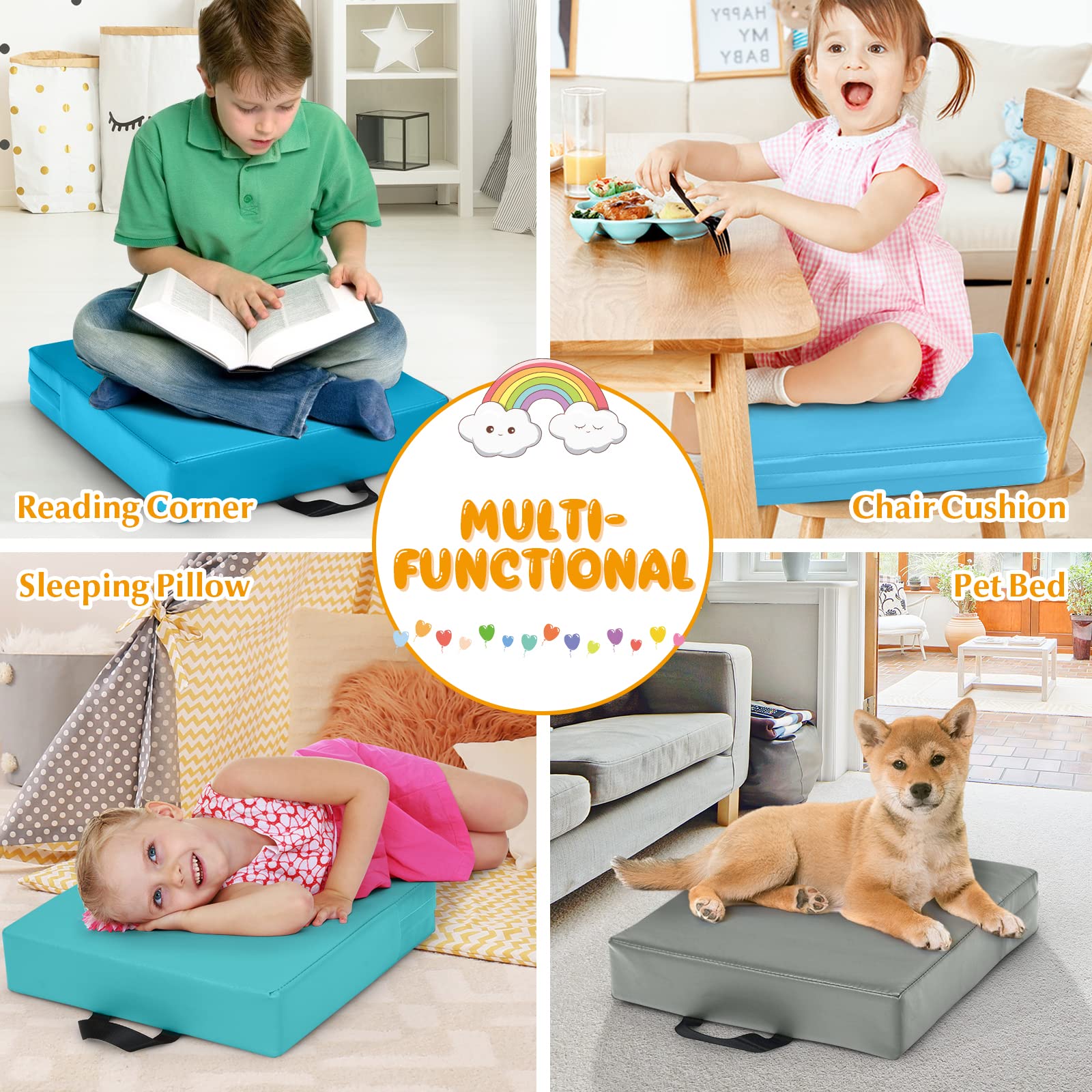 GOPLUS Juego de 6 cojines para silla infantil, cojín de suelo con asa, cojín de piel sintética y espuma, fácil de limpiar, redondos/rectangulares, apilables para un fácil almacenamiento, multicolor en