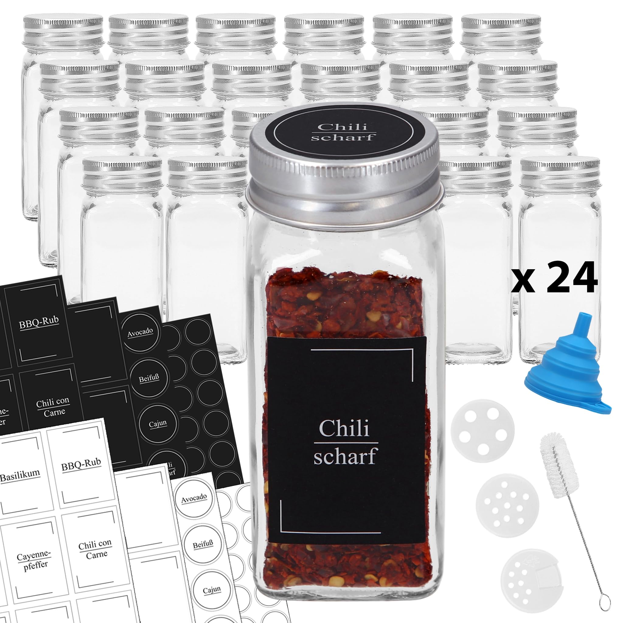 VonBueren Gewürzgläser eckig leer, 24x120 ml, Gewürzgläser Set, Spice Jars