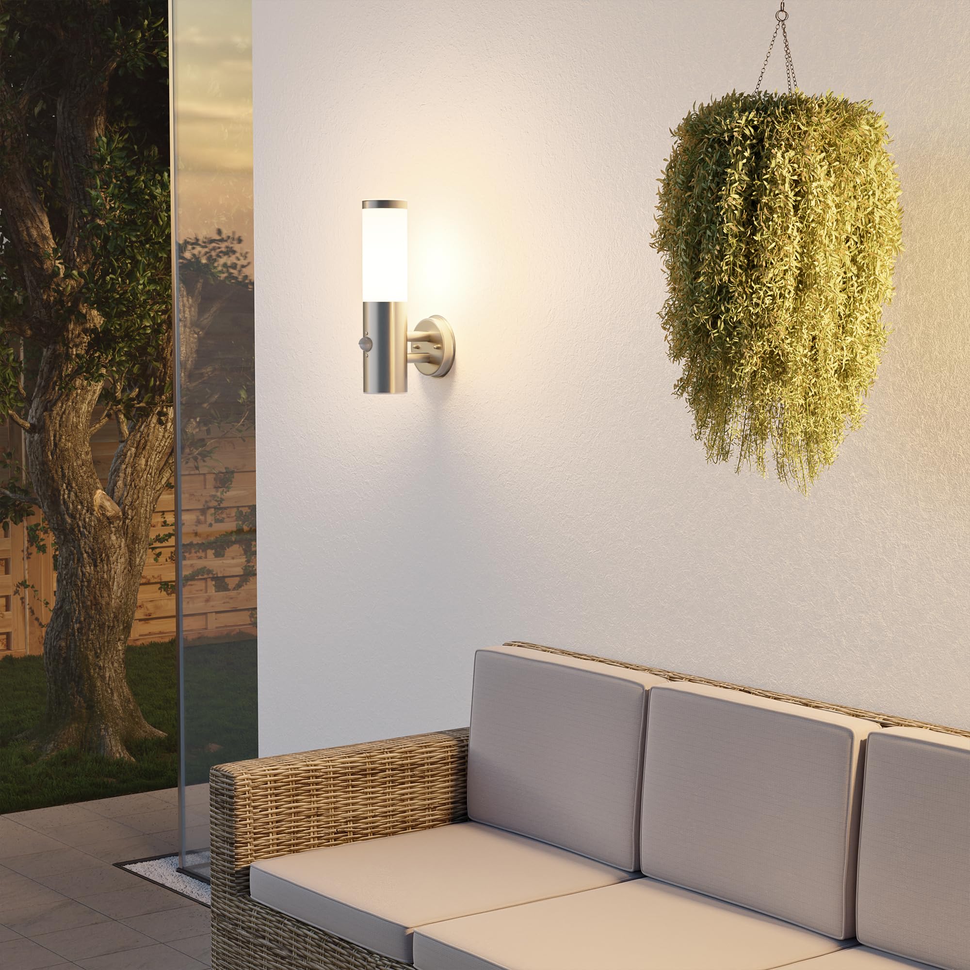 ledscom.de Wandleuchte PORU für außen, IP44, Bewegungsmelder, Edelstahl, edelstahl matt, rund, 1x E27 max. 15W