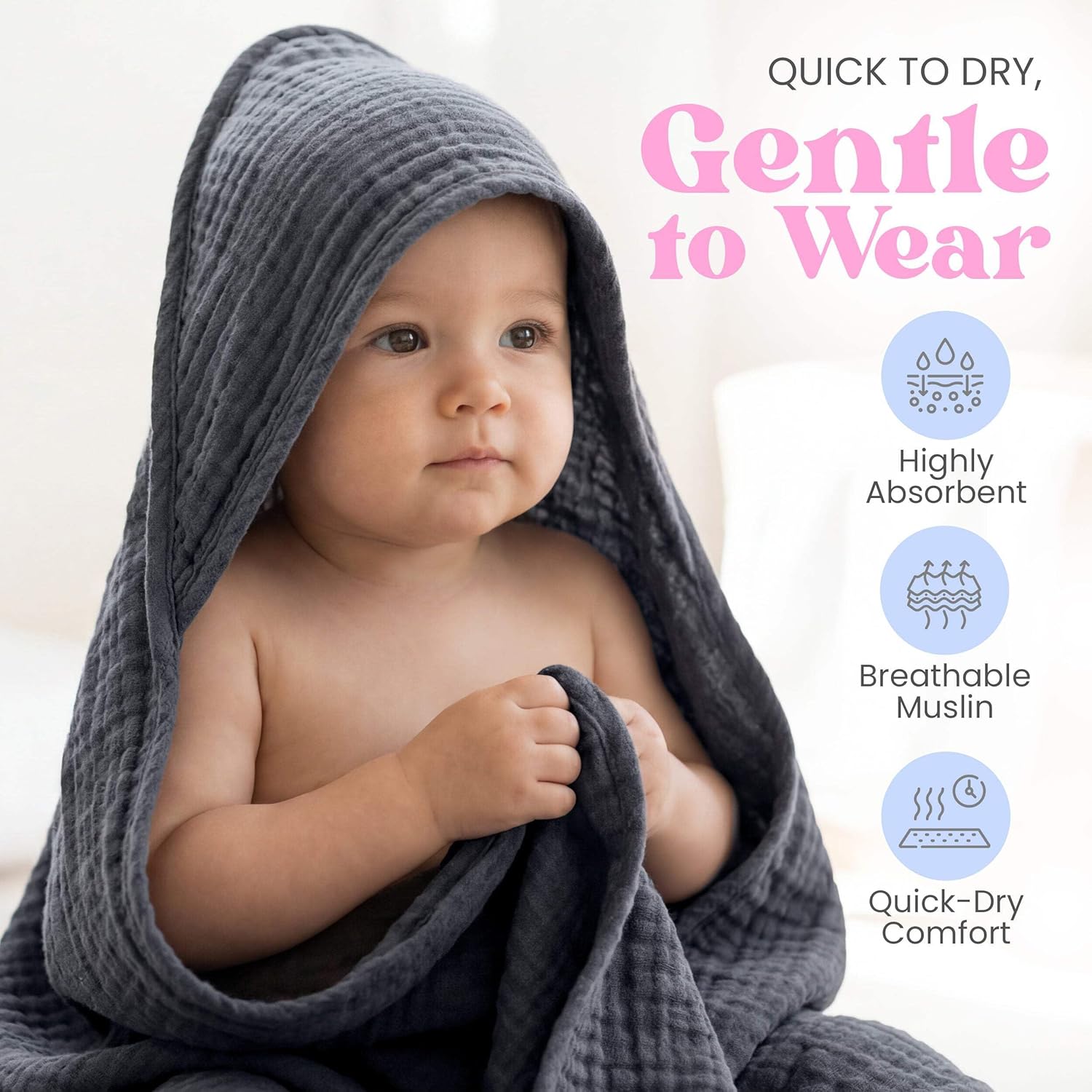 Mère & Moi Muslin Hooded Baby Bath Towel – 100% Cotton, Ultra Soft & Absorbent, Quick-Dry Newborn & Infant Bath Wrap with Hood, Gentle on Sensitive Skin, Oeko-TEX Certified - 2 Pack (White and White)