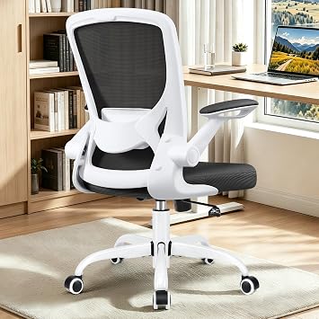 BESTFAIR Ergonomic Office Chair, Mesh Computer Chairs with Lumbar Support, Swivel Desk Chair with Flip-up Arms and Adjustable Height, White