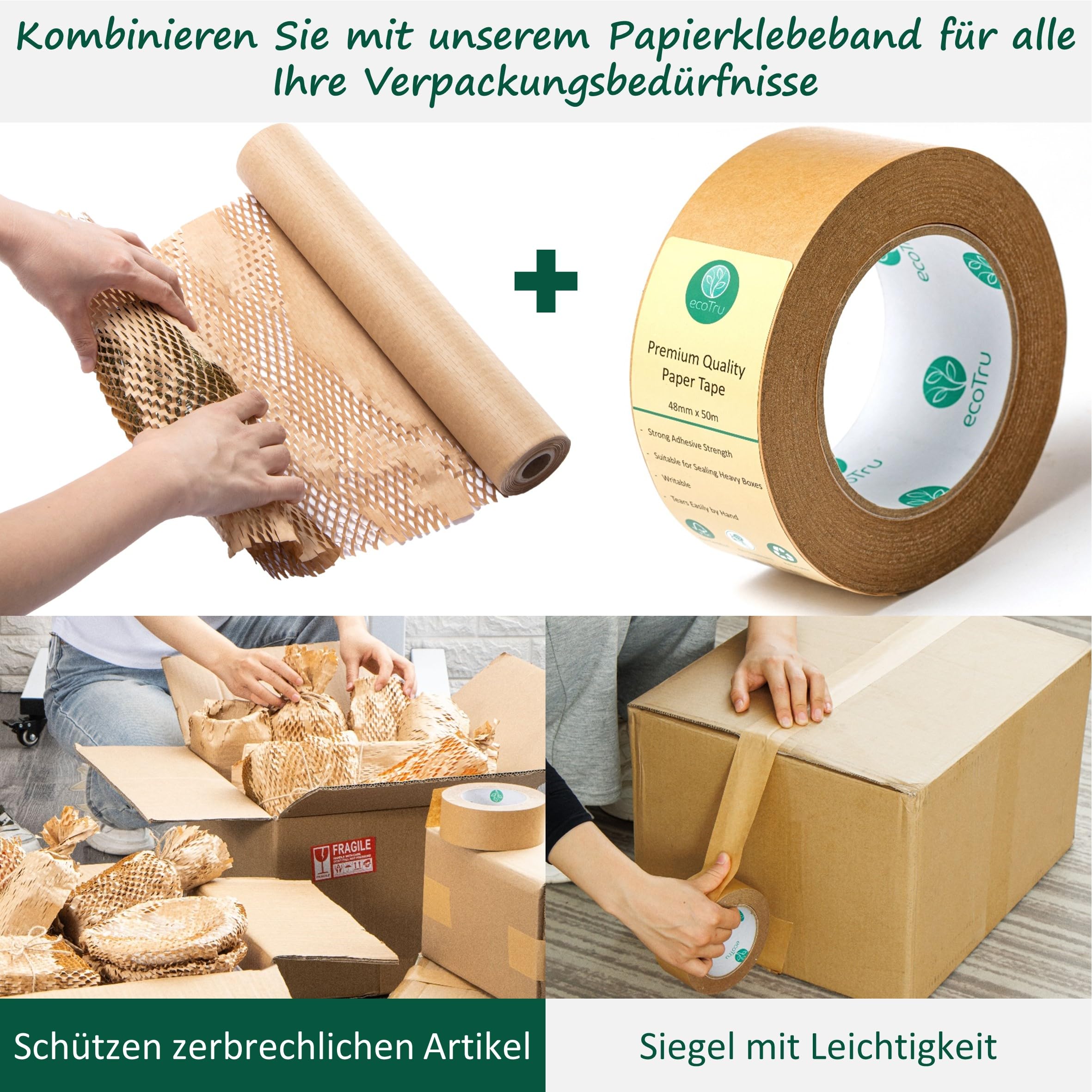 Ultra Strong Papier Paketbänder, Öko Paketband zum Verschließen und Verpackungen, Recycelbar braun Paketklebeband, Biologisch abbaubares, unbeschichtet Papierklebeband, 48mm x 50m 3 Stück